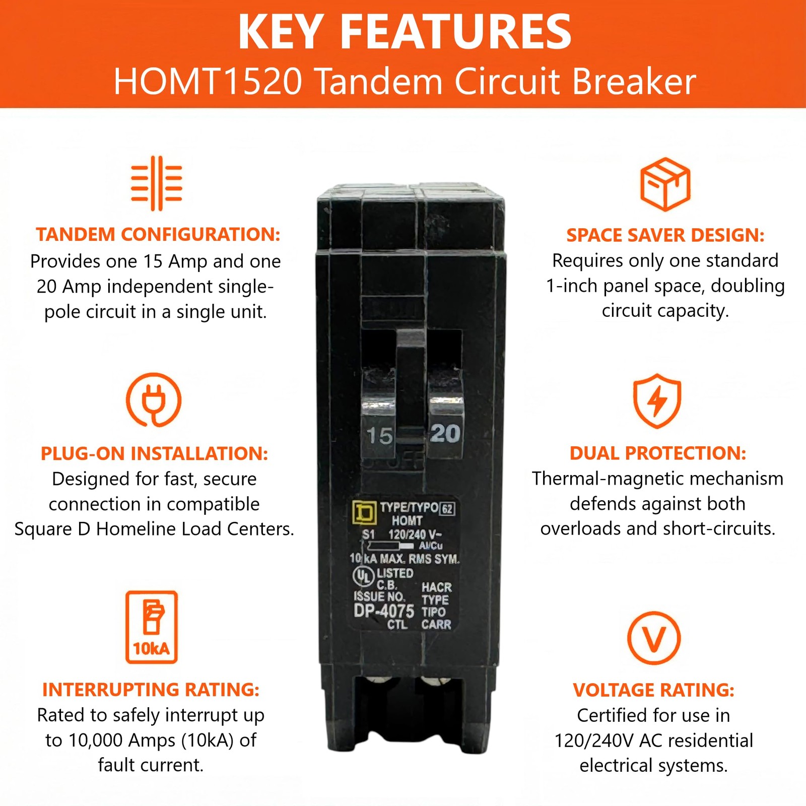 Genuine Square D HOMT1520 Tandem Circuit Breaker Kit (1 Pack), 15/20 Amp (15A…