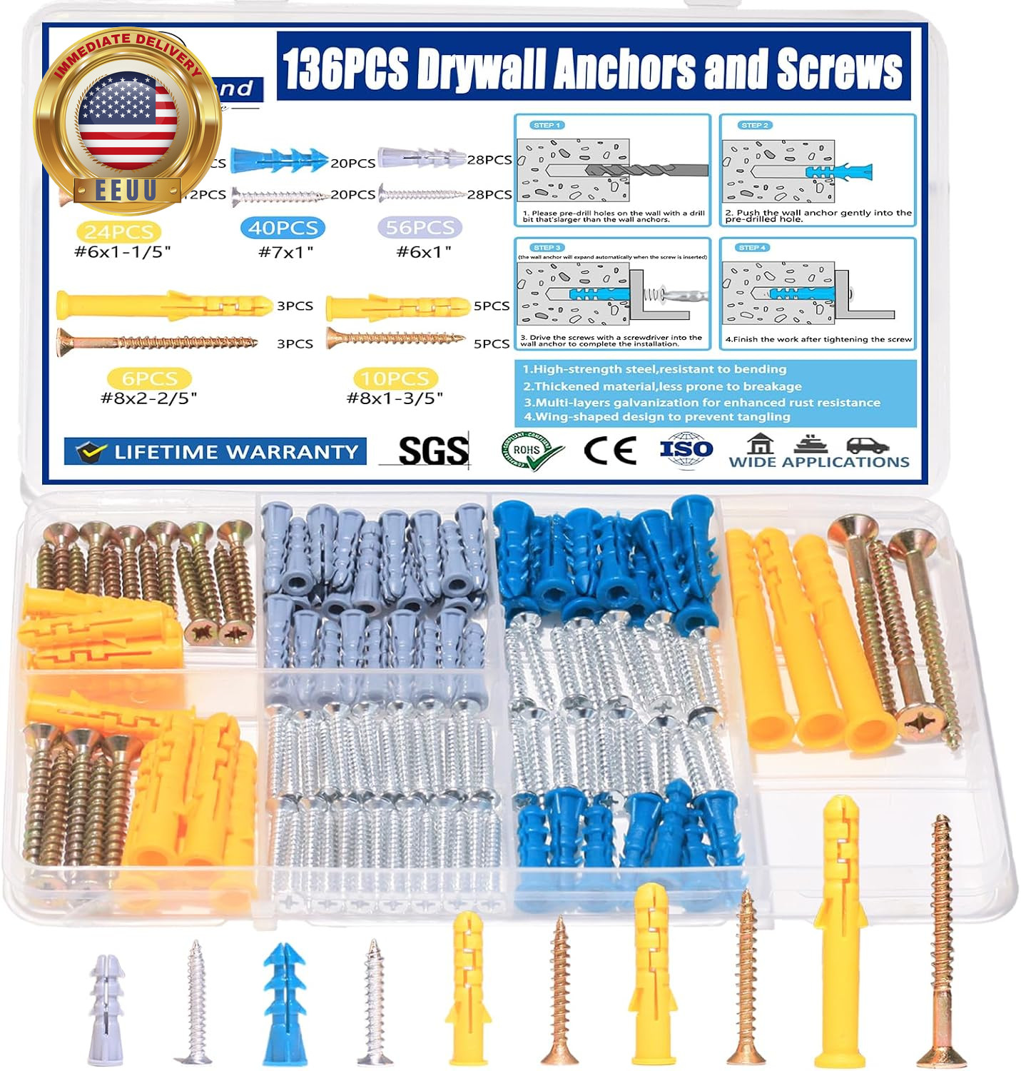 136PCS Drywall Anchors and Screws Assortment Kit, 68Plastic Dry Wall Expansion A