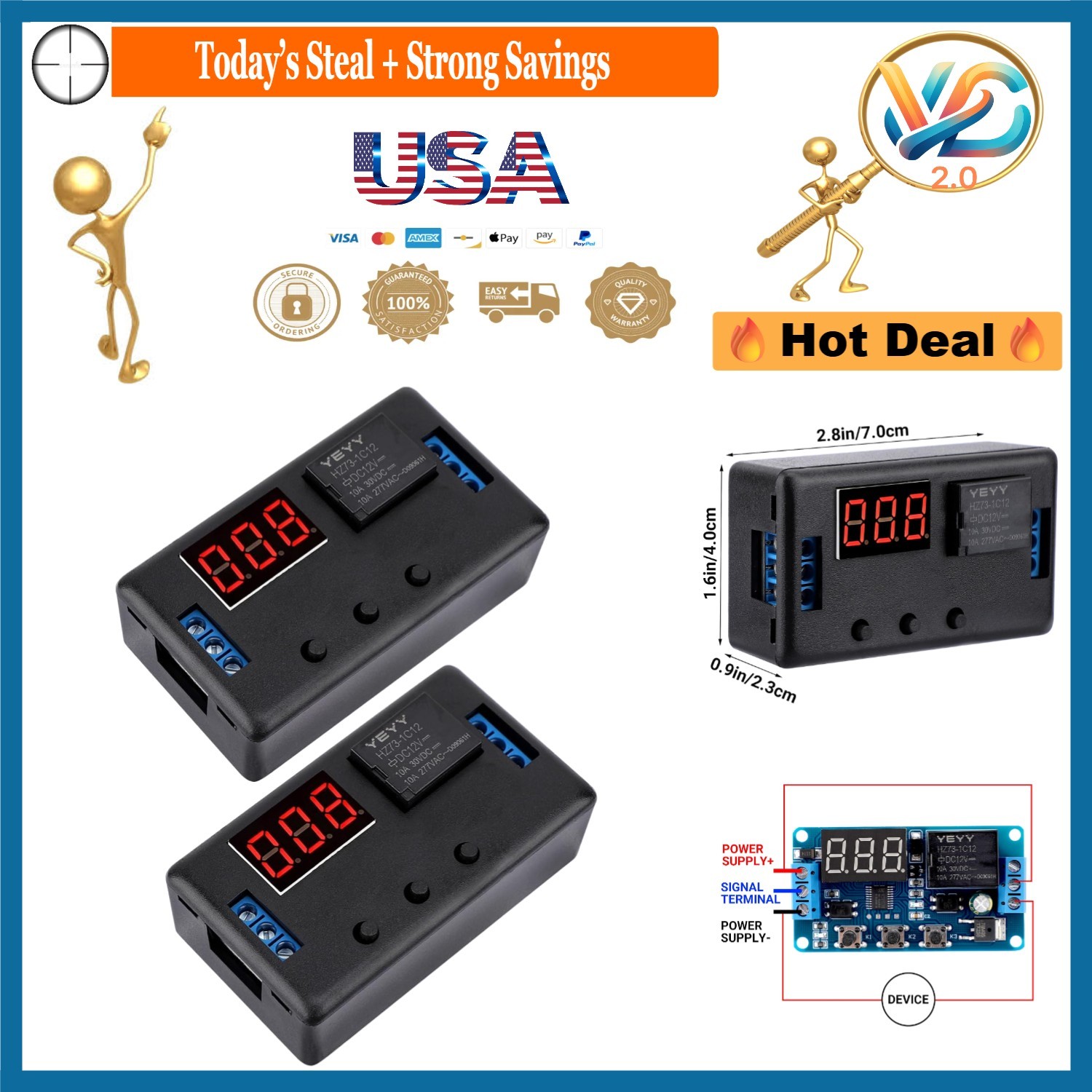 2pcs 12V LED Display 4-Mode Automotive Time Delay Relay 0.1s-999min