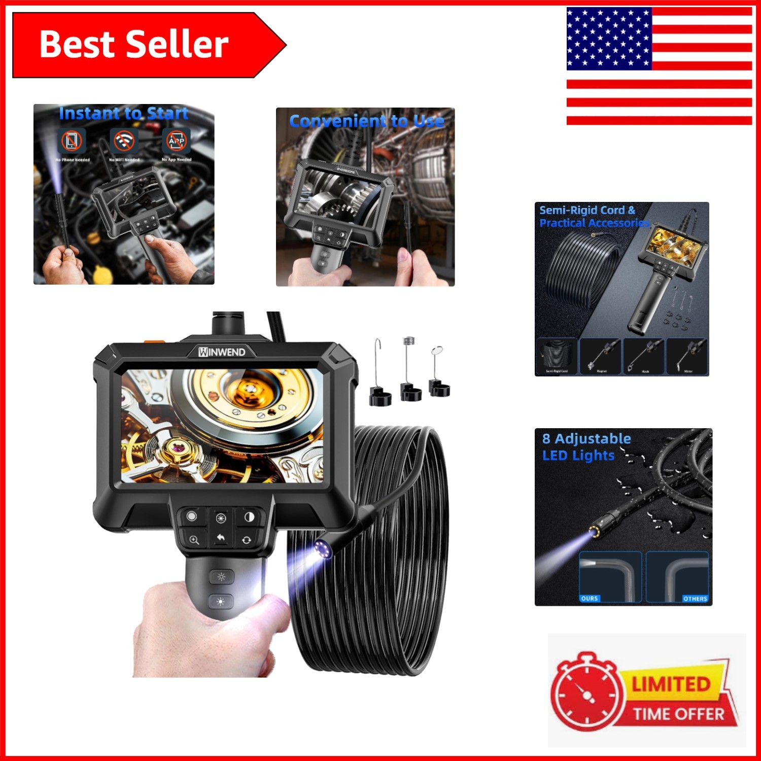 Advanced Endoscope Camera with 180° Rotation, Ideal for Mechanics & Home Repairs