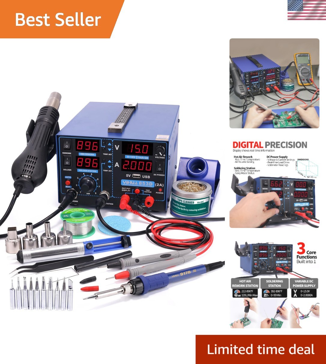 Versatile 3-in-1 Soldering, Rework, and Power Supply Station with PID Control