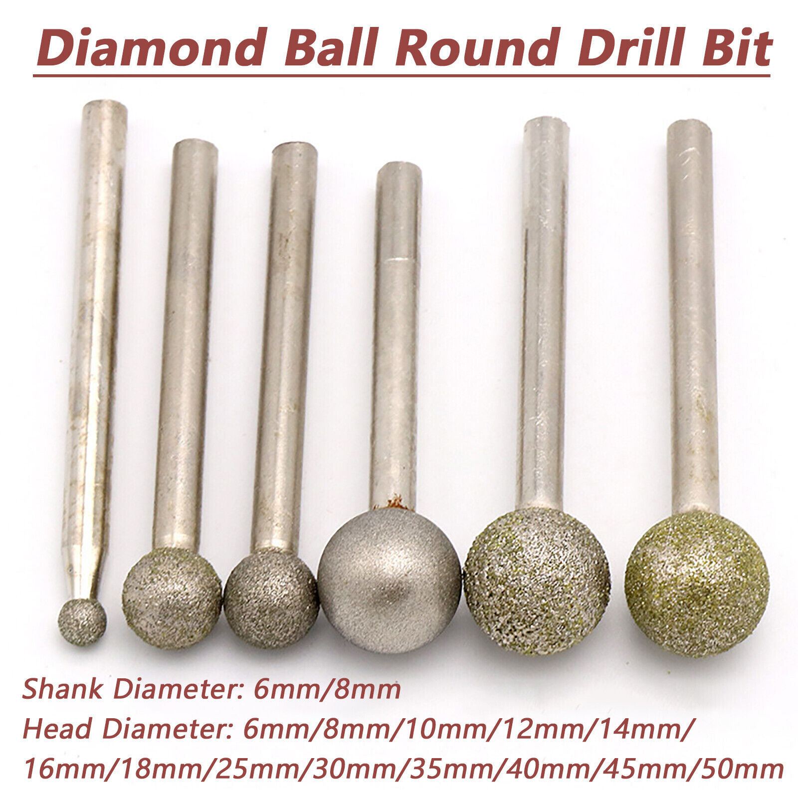 Ball Round Rotary Diamond Burr Drill Bit Grinding Carving 6mm/8mm Shank 6mm-50mm