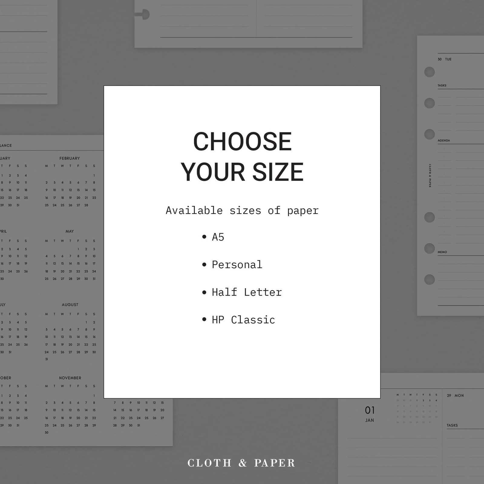 Cloth & Paper 2026 Year Overview Planner Inserts| A5 5.8 x 8.3 inches, white