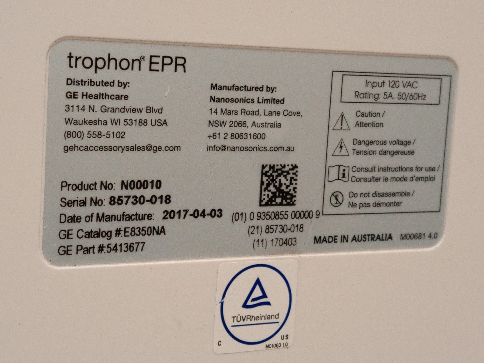 GE Trophon EPR Nanosonics Disinfection Device, N00010, Made in Australia, 120VAC