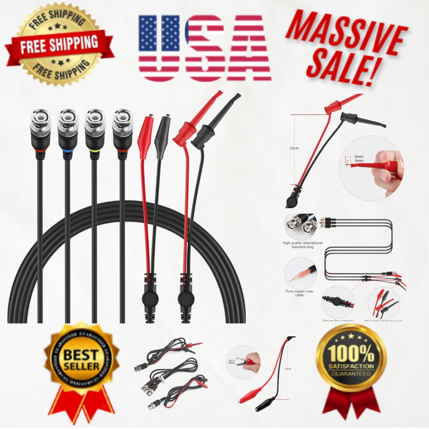 Versatile BNC to Alligator Clips & Mini Clips Set – 9.84 Ft Coaxial Cables