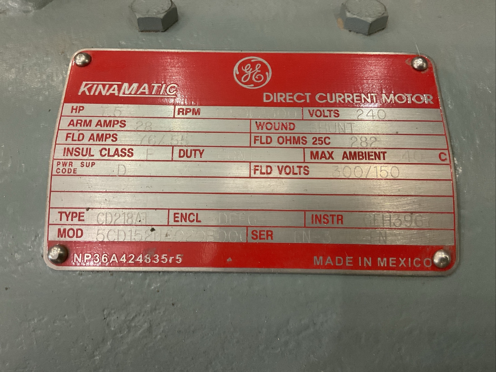 GE Kinamatic Direct Current Motor 7.5 HP 1750 RPM Type CD218AT 5CD152NA020B006