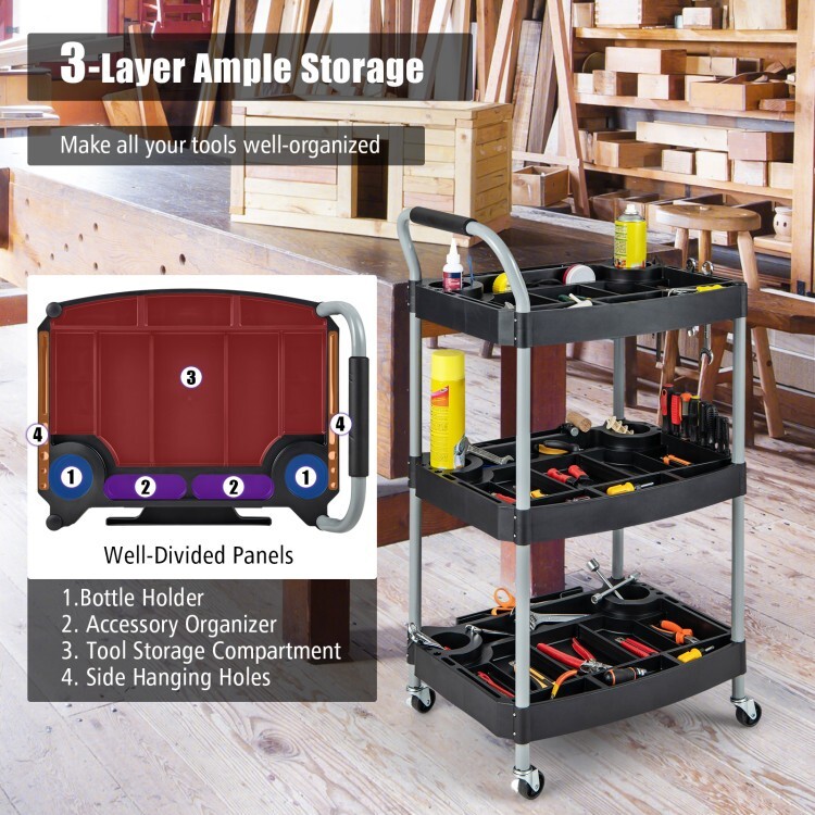 3 Layer Detailing Garage Tool Organizer Utility Cart w/ Multiple Divider 4 Wheel