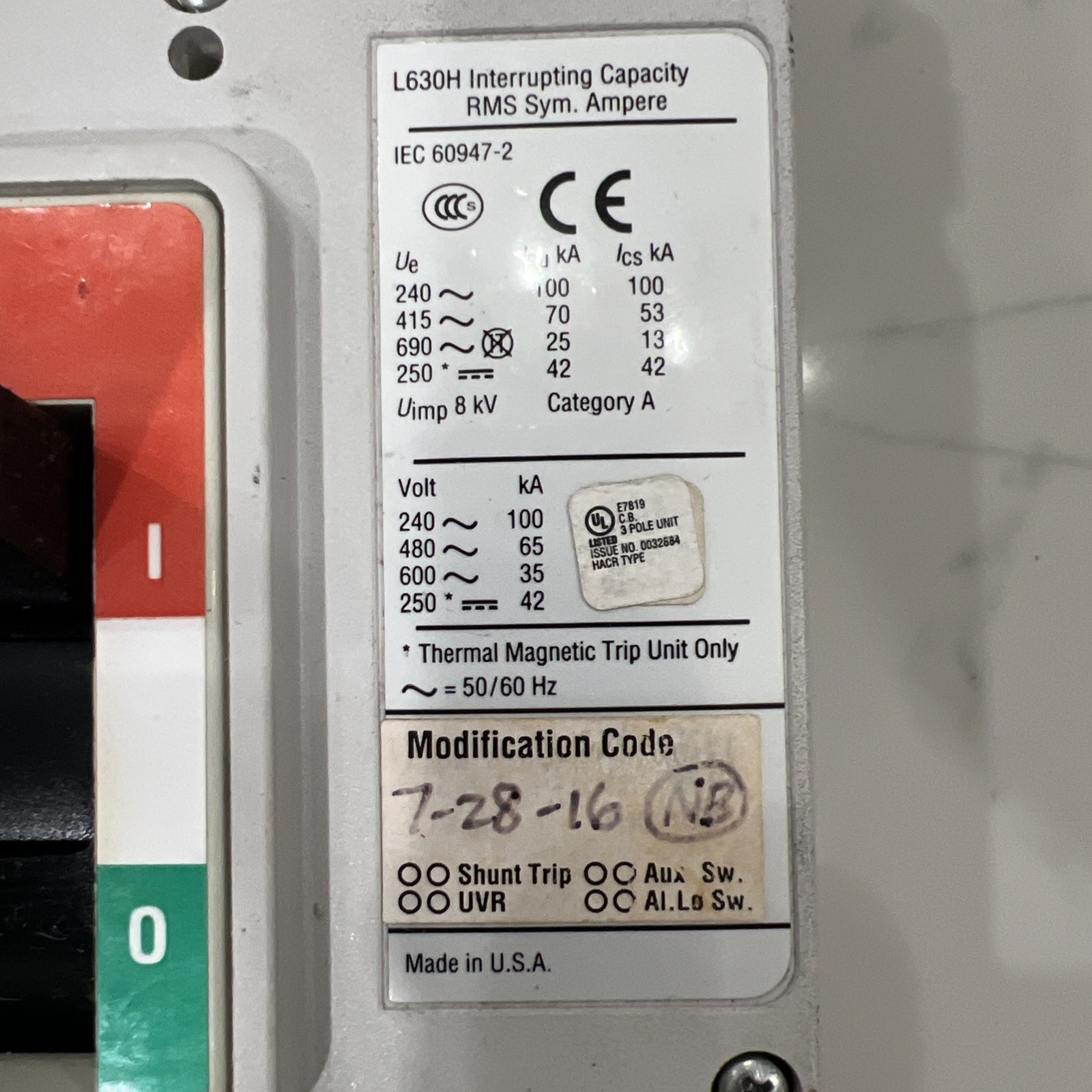 Eaton Circuit Breaker LGH3630NN 600 Amp 600Volt 3 pole W/Trip Unit