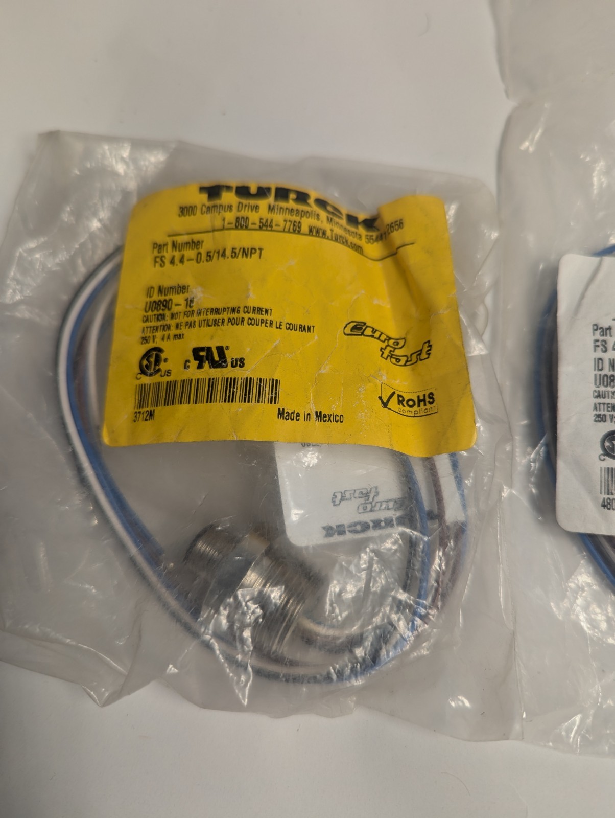 NEW LOT OF 2 GENUINE TURCK FS 4.4-0.5/14.5/NPT EURO FAST CONNECTOR U0890-18