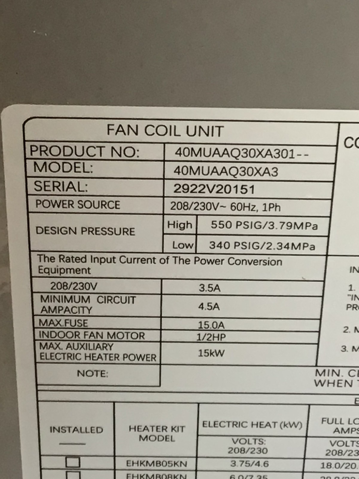 Carrier 40MUAAQ30XA3 30,000 BTU Ductless Mini Split Indoor Air Handler 2.5 NEW