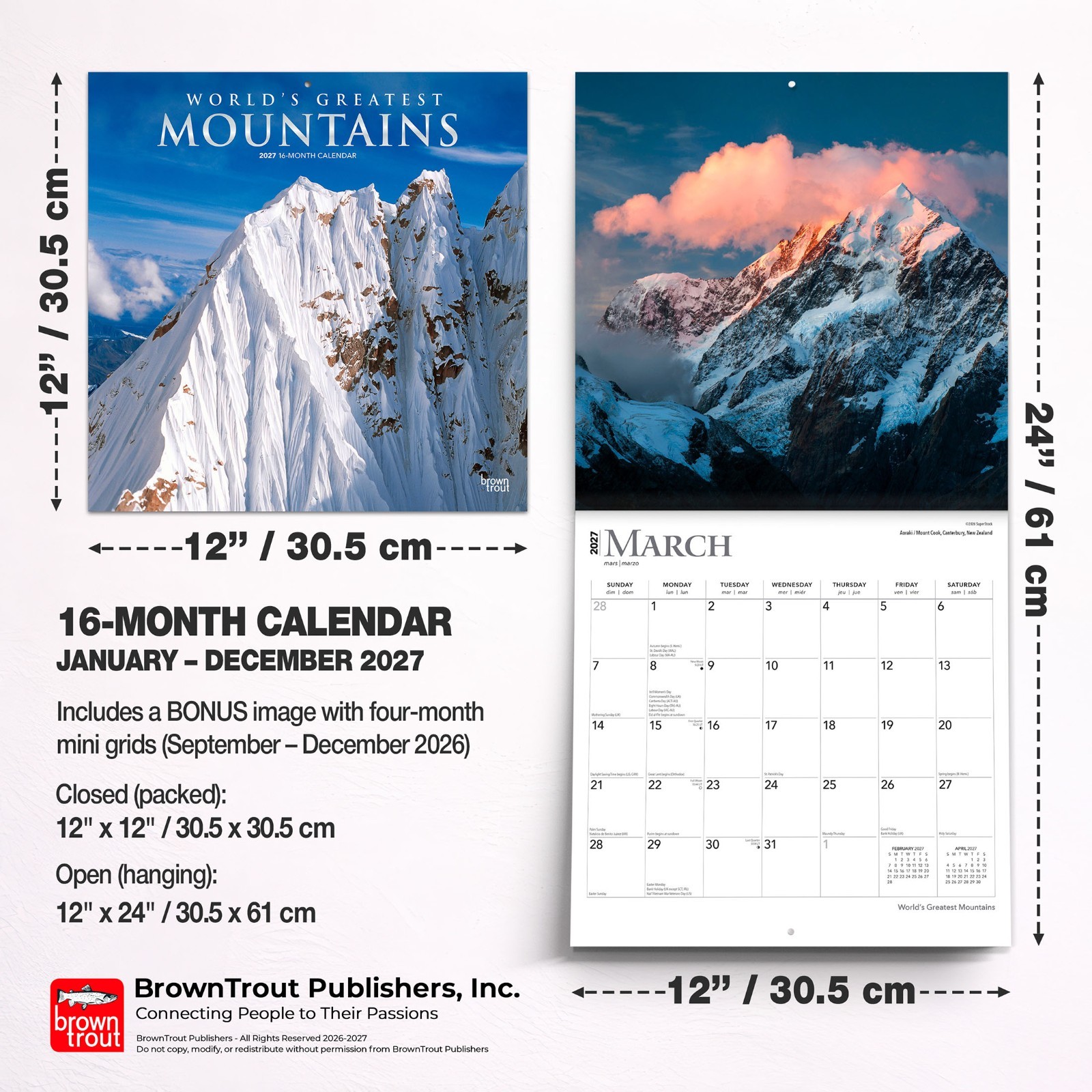 World’s Greatest Mountains | 2027 12×24″ (Hanging) Monthly Wall Calendar