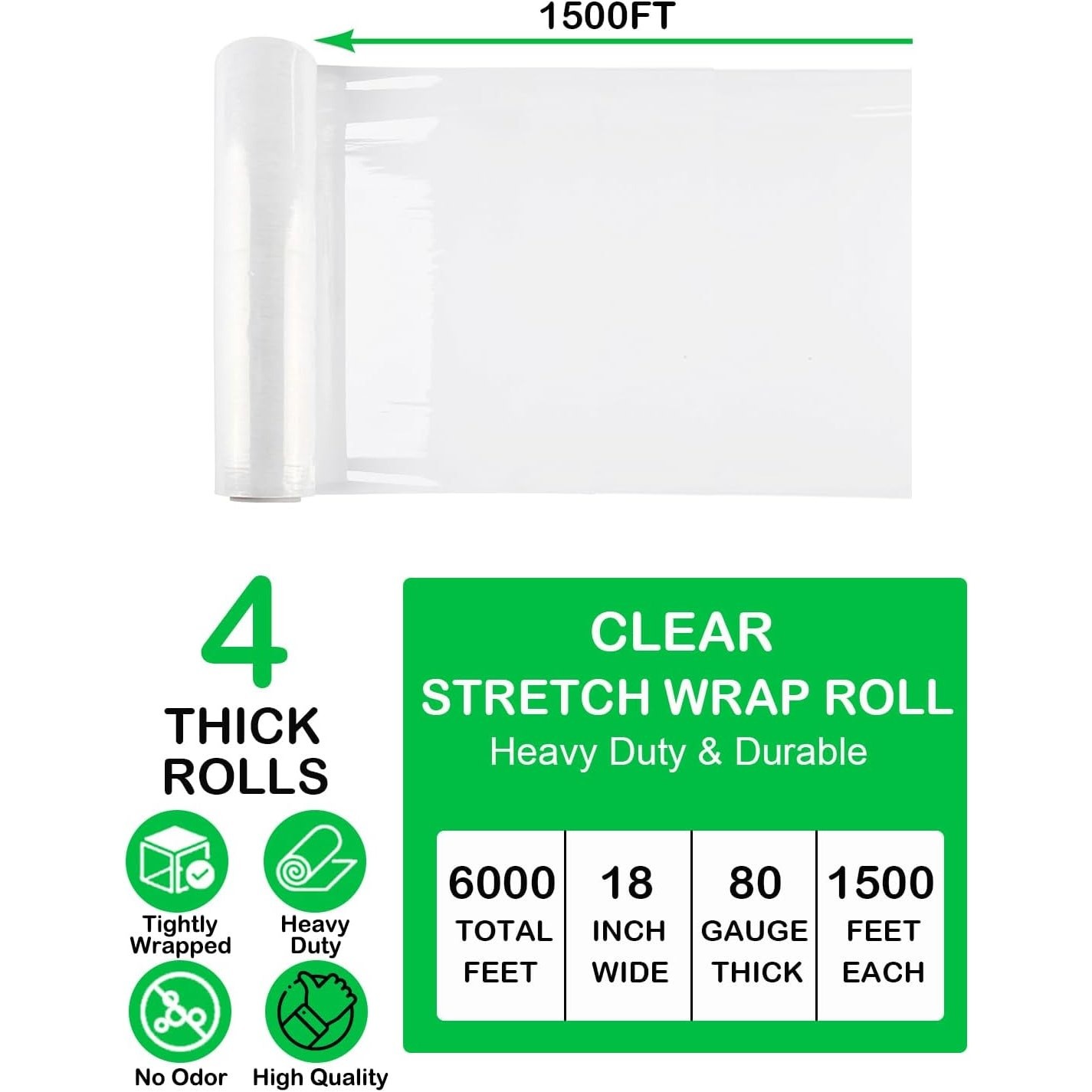 4 Rolls 18″ x 1500ft Clear Heavy Duty Pallet Shrink Stretch Wrap Film 80 Gauge
