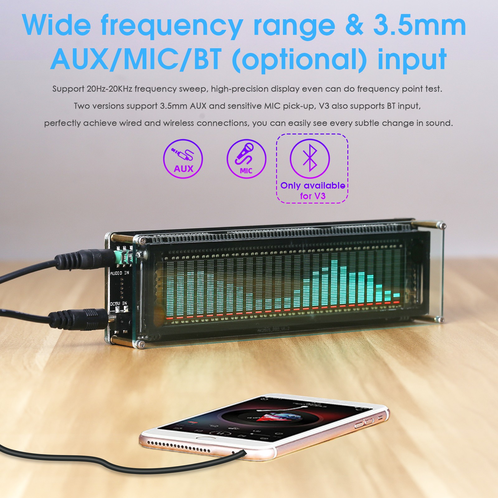 Bluetooth 5.0 Audio Spectrum MIC Pickup VFD Sound Level Meter Display w/ AGC
