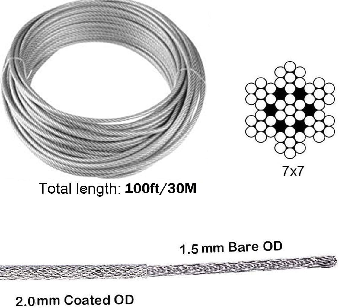 Outdoor Turnbuckle Wire Tensioner Kit 1/16 Vinyl Coated 100Ft Stainless Steel