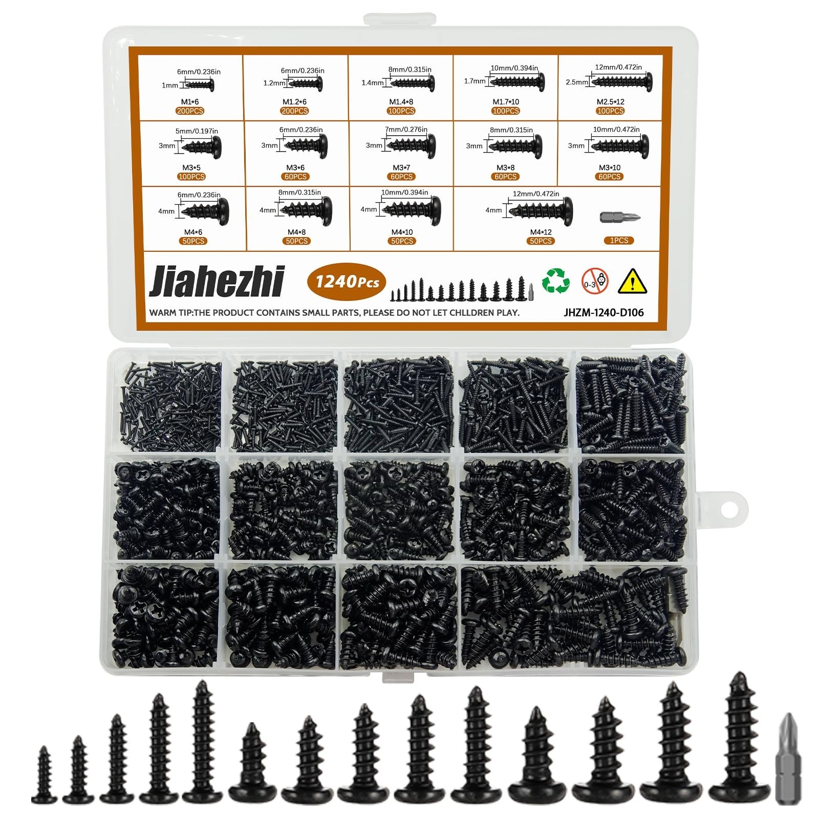 1240Pcs Self-Tapping Wood Screws Assortment Kit, Phillips Pan Head, 14 Sizes, Bl