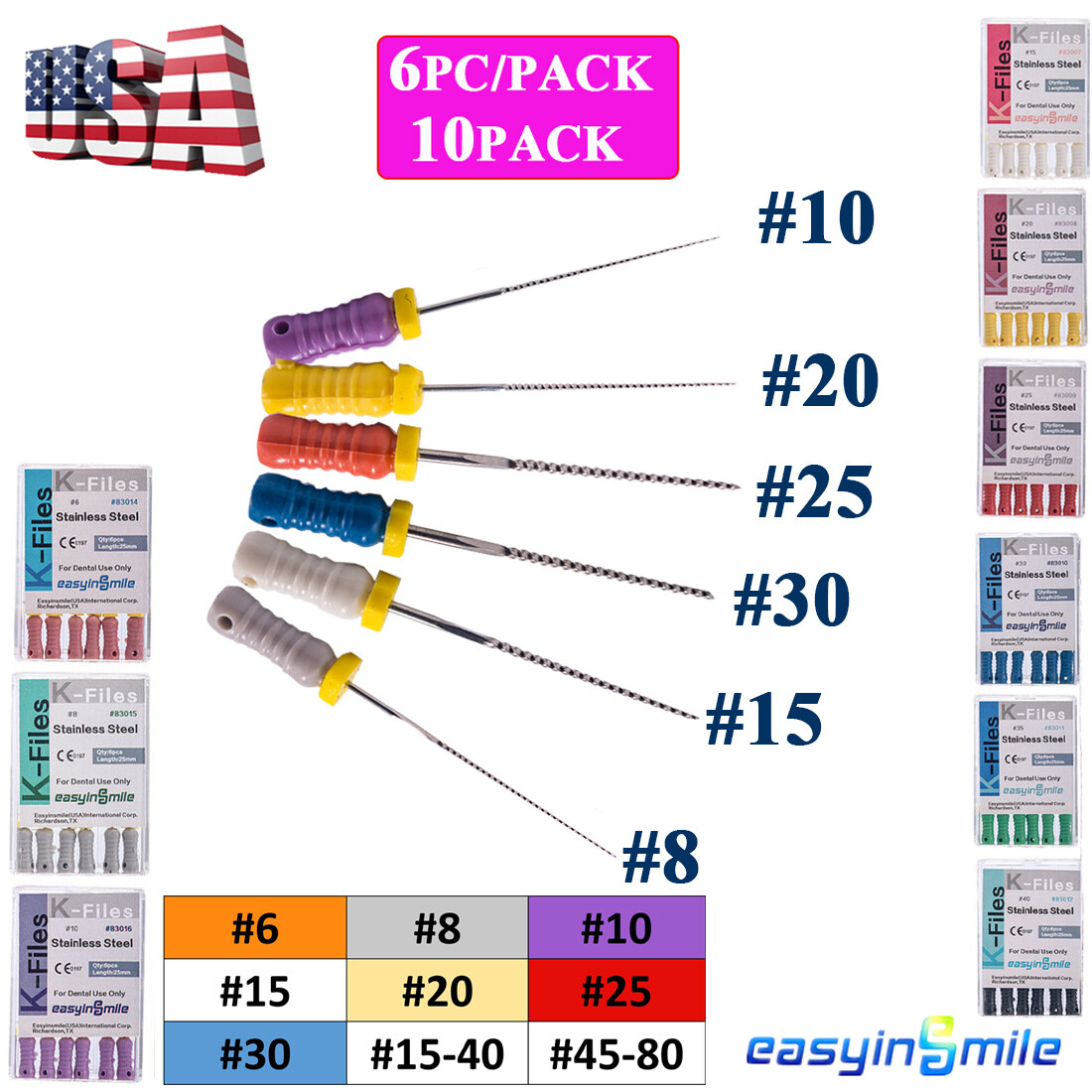 60pc Dental Endo K-files Root Canal File 25mm Hand Files Stainless Steel #6#8#10