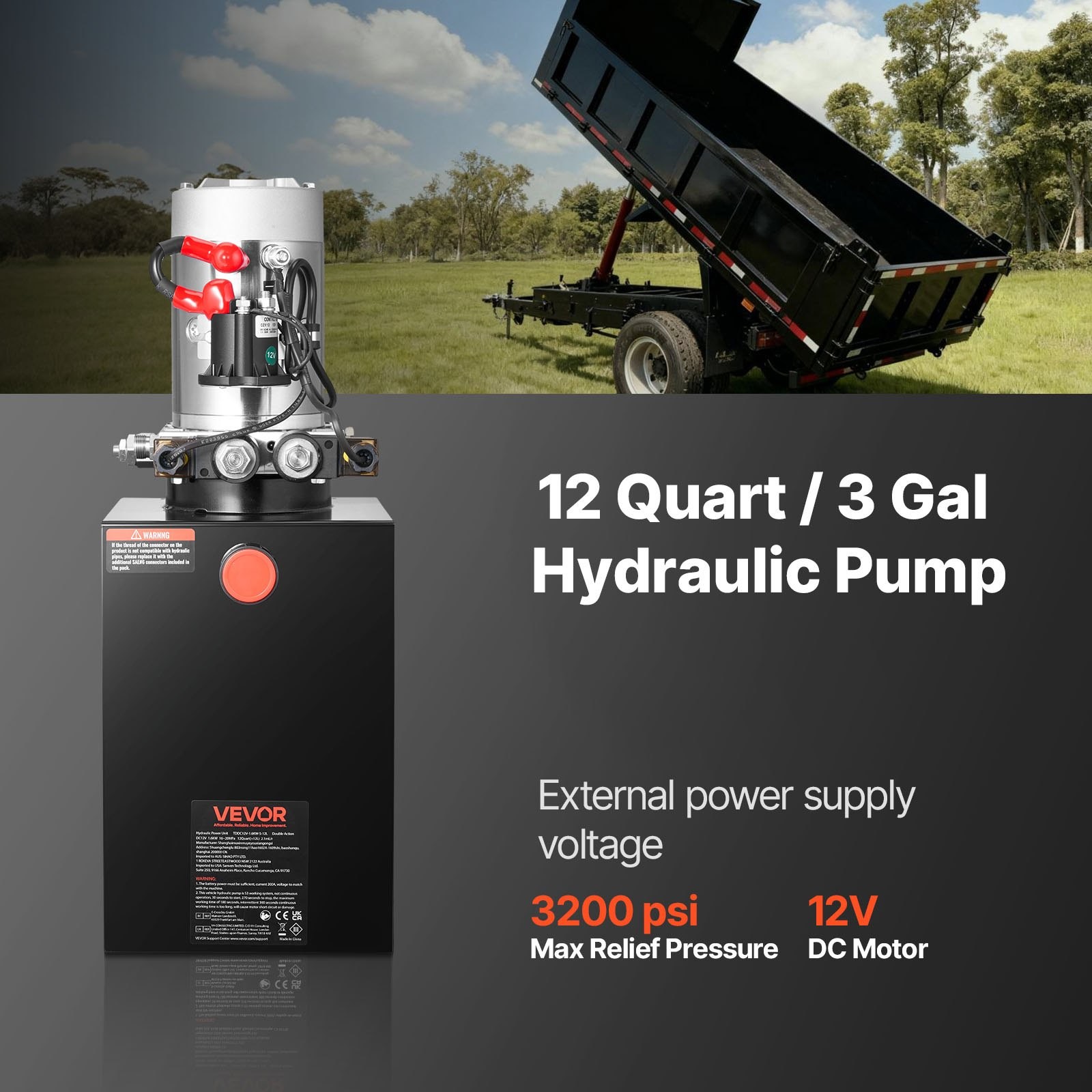 12 Quart Hydraulic Power Unit, Double Acting Dump Trailer Pump, 3200 PSI Max Rel
