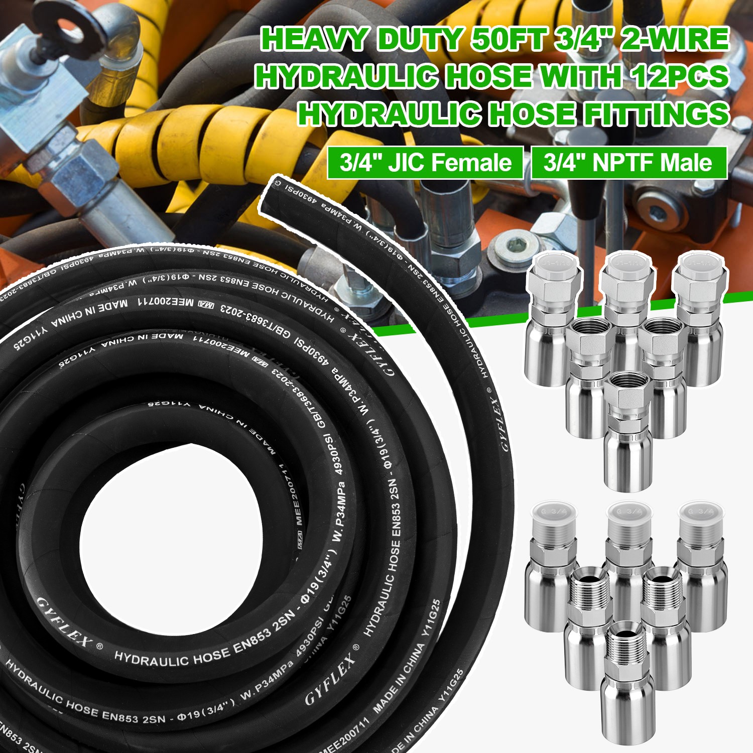 50FT 3/4″ Hydraulic Hose with 12PCS Hydraulic Hose Fittings W.P.34MPa / 4930PSI