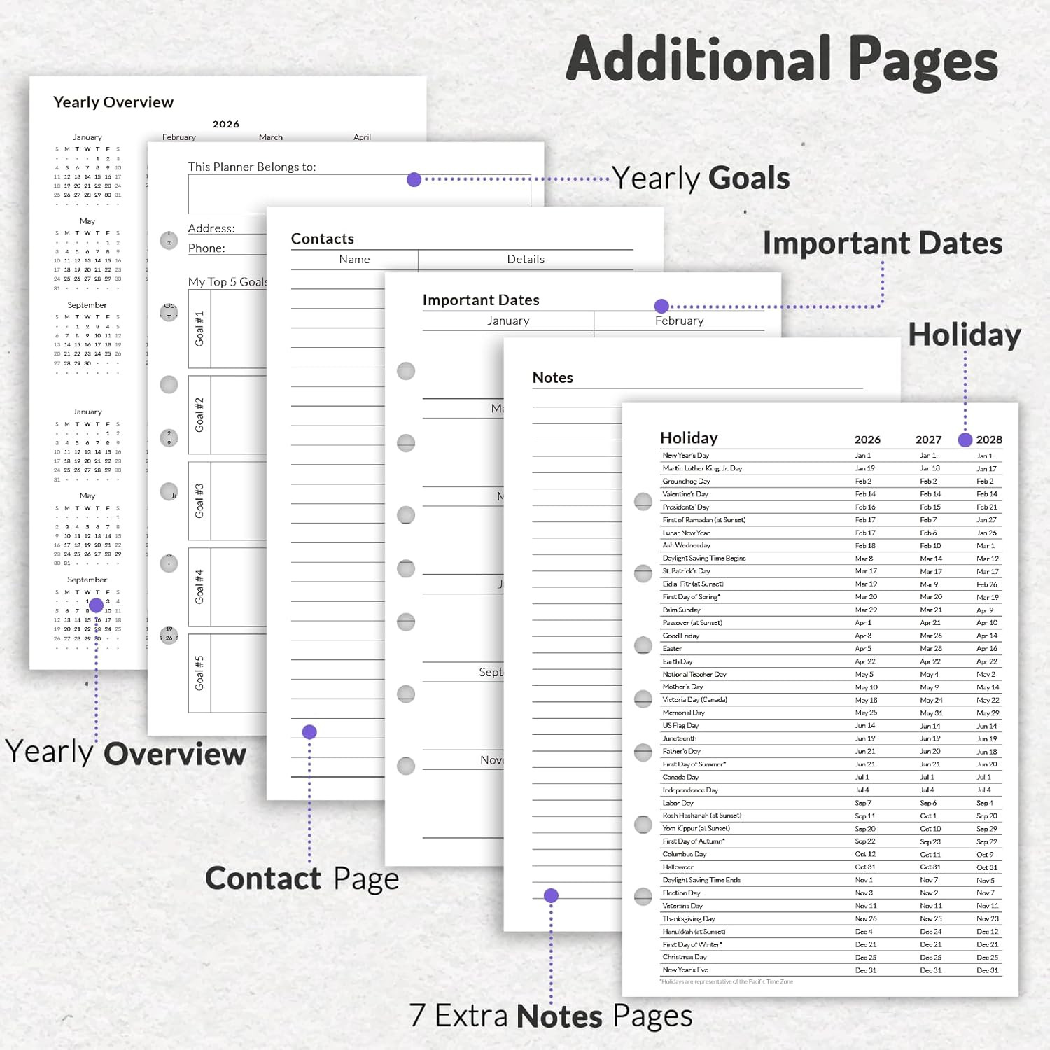 2026 Weekly & Monthly Planner Refills for A5 7-Ring Binders, July