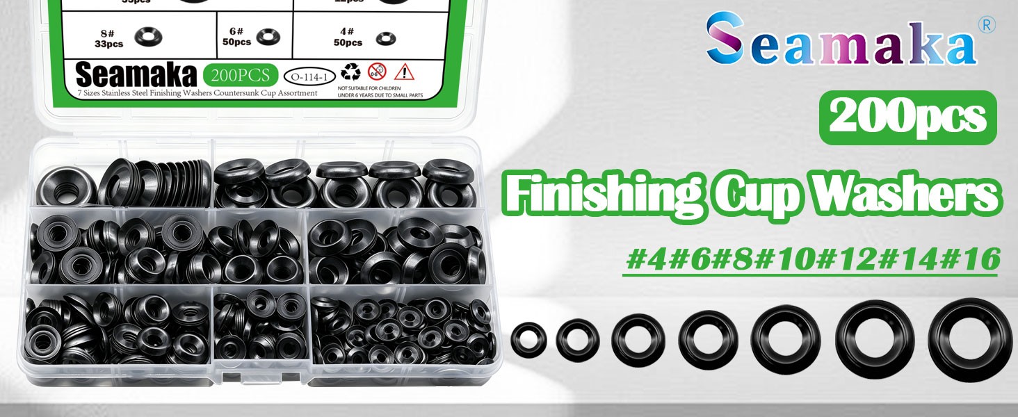 200 Pcs Black Finish Washers 7 Sizes 304 Stainless Steel Finishing Washers