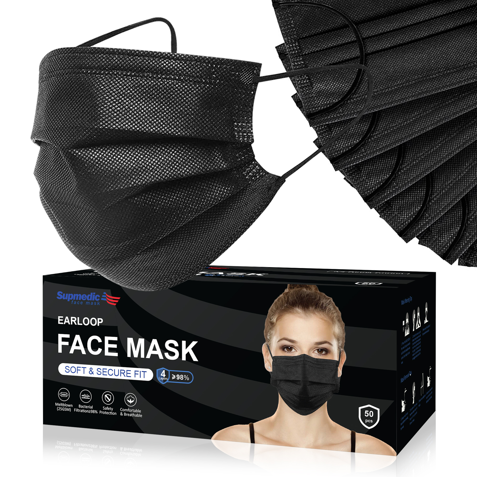 Face Mask 50 PCS BLACK Color 4-Ply Disposable Face Mask Earloop Mouth Cover