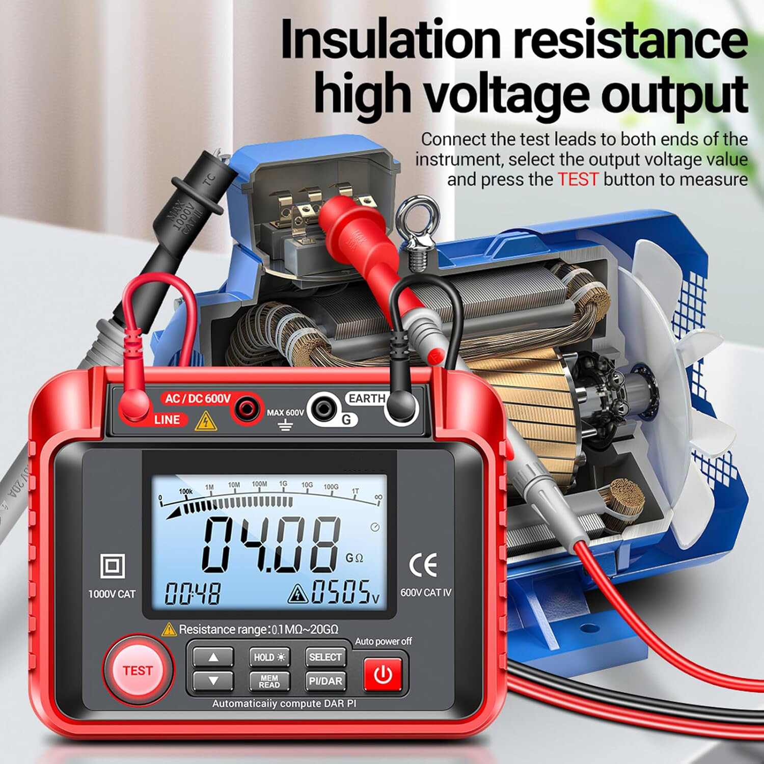 1000V Insulation Resistance Tester Megohmmeter Ohm, AC/DC Voltage Tester, PI/DAR
