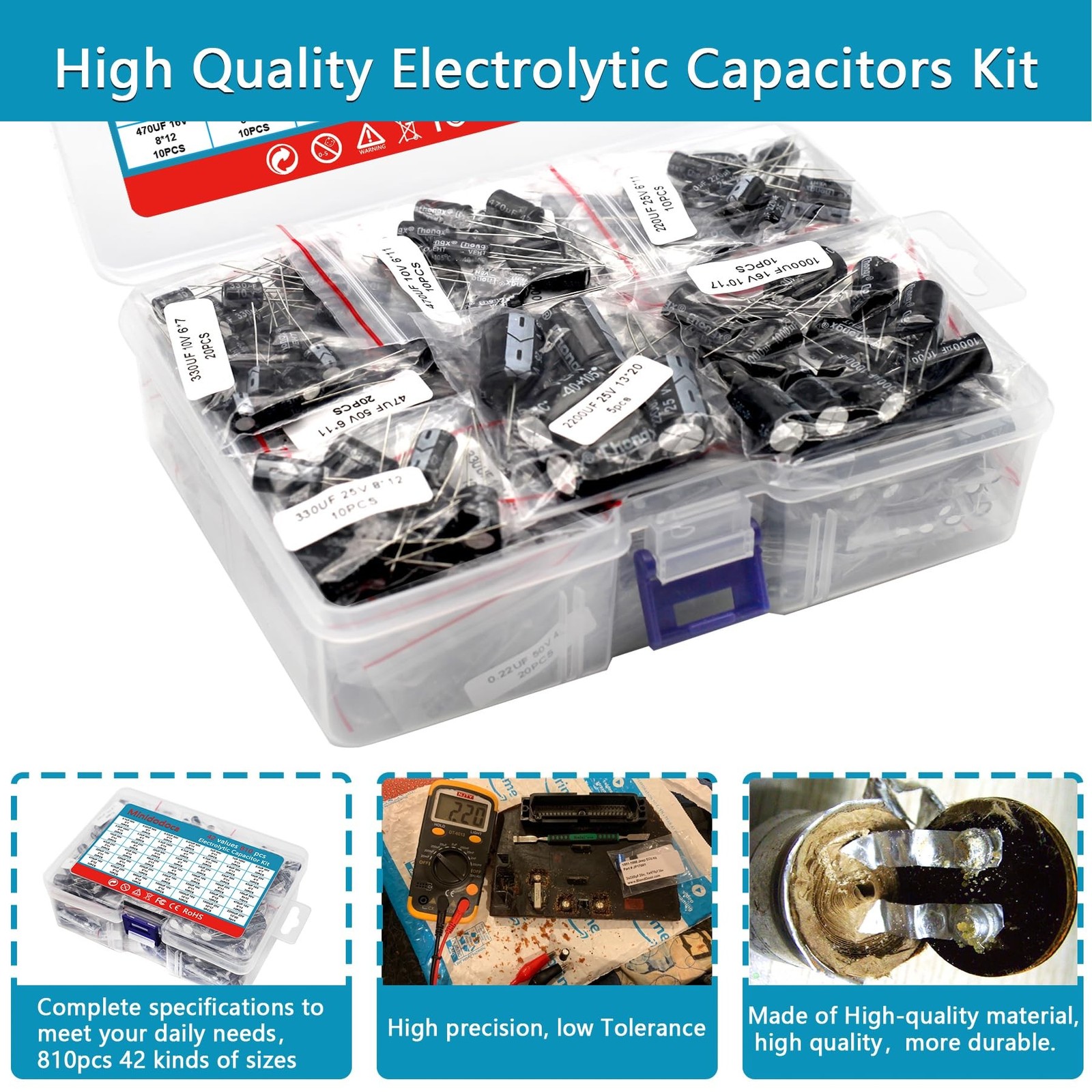 42 Values 810 Pieces, 0.1uF-2200uF, 10V 16V 25V 50V 100V, Electrolytic Capaci…