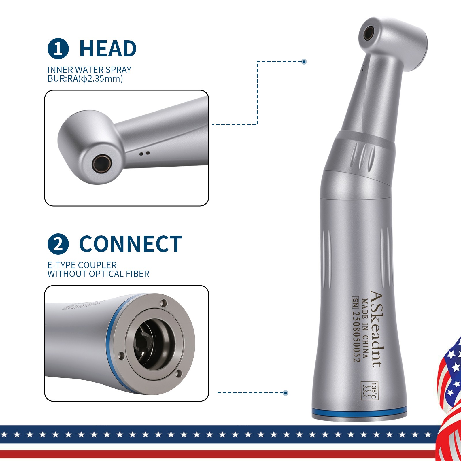 ASK Dental Internal Water Spray Contra Angle Push Button Low Speed Handpiece