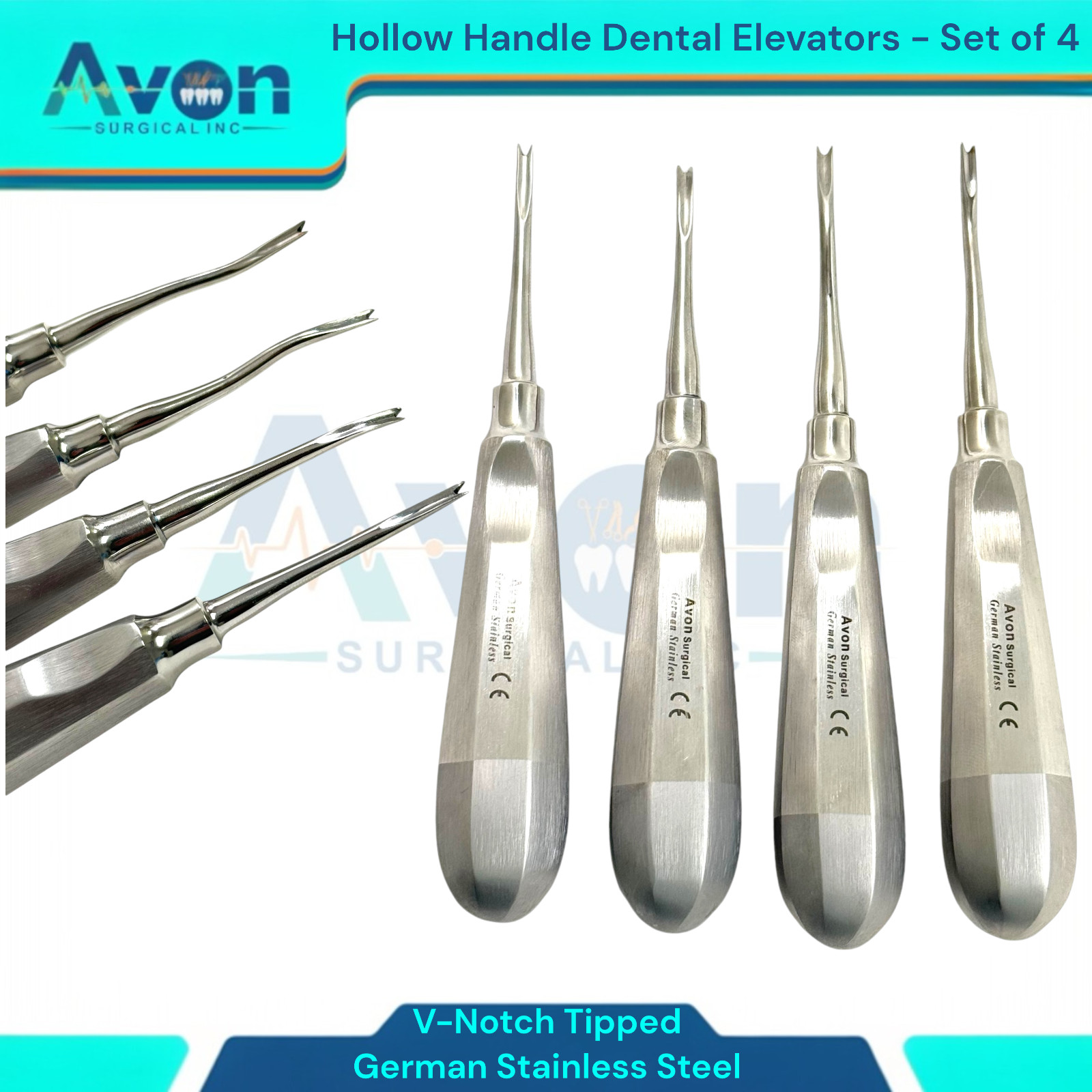 Periotome Apical Dental Elevator V-Notched Grooved, Hollow Handle (Set of 4)