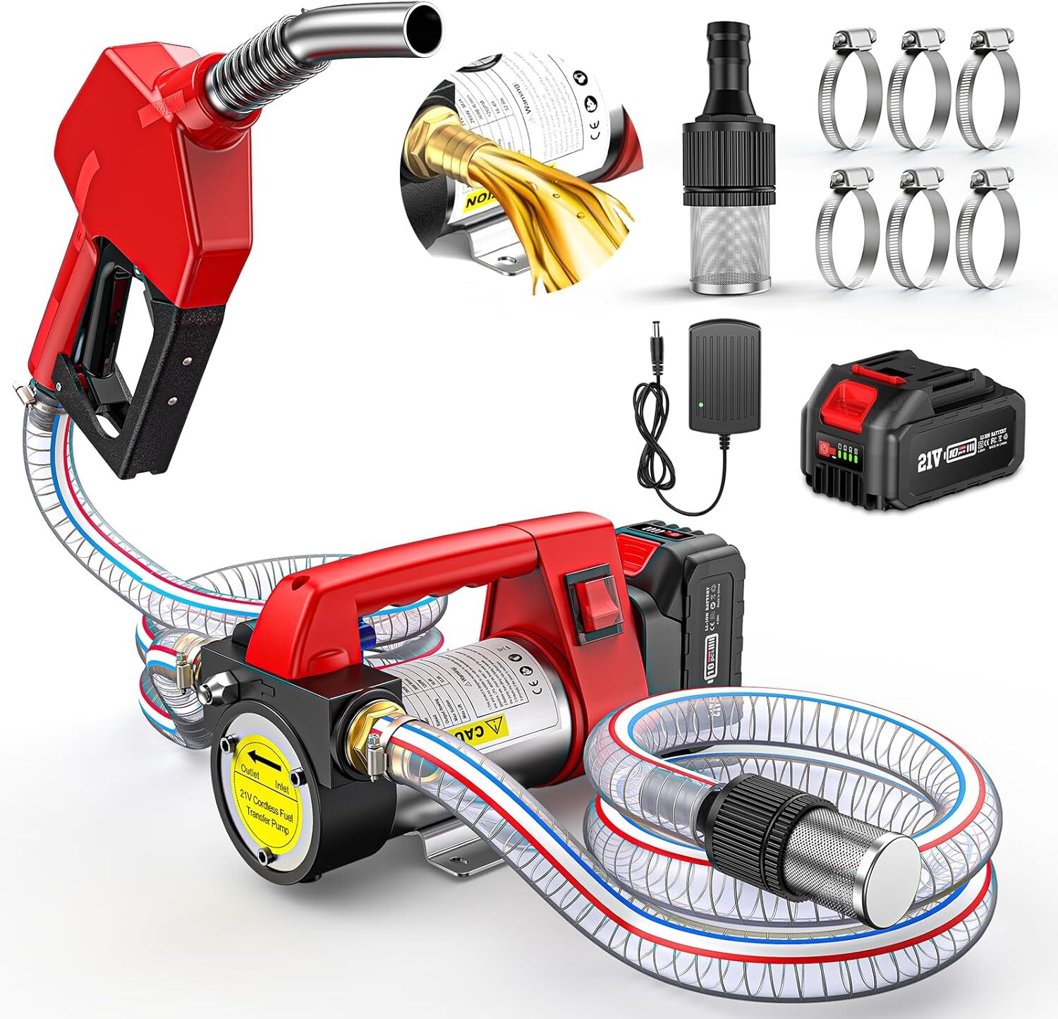 Cordless Electric Fuel Transfer Pump with Nozzle & Hoses Kit 12GPM 4.0Ah Battery