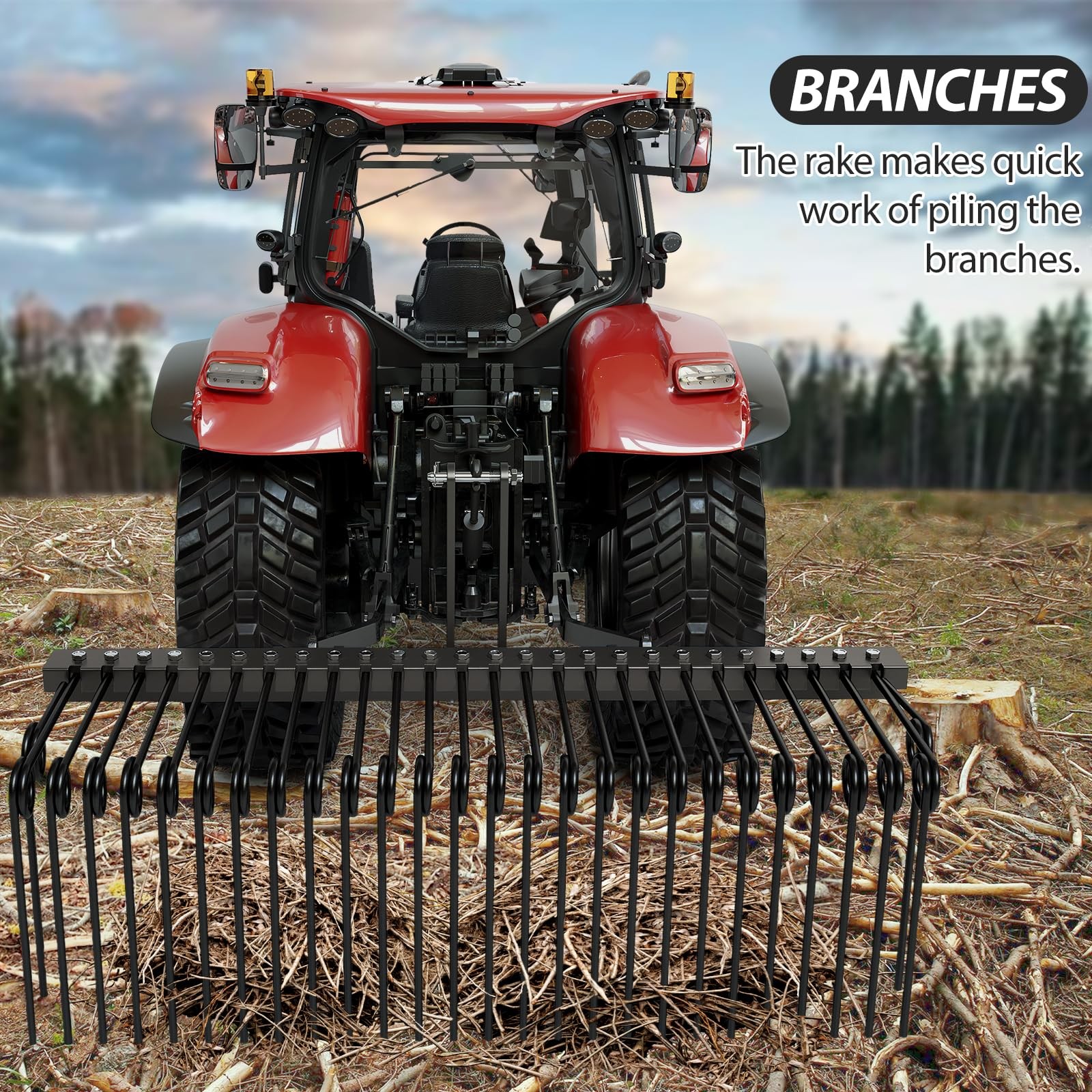 60/72inch Pine Straw Needle Rake 3 Point Steel Spring Tow Behind Landscape Rakes