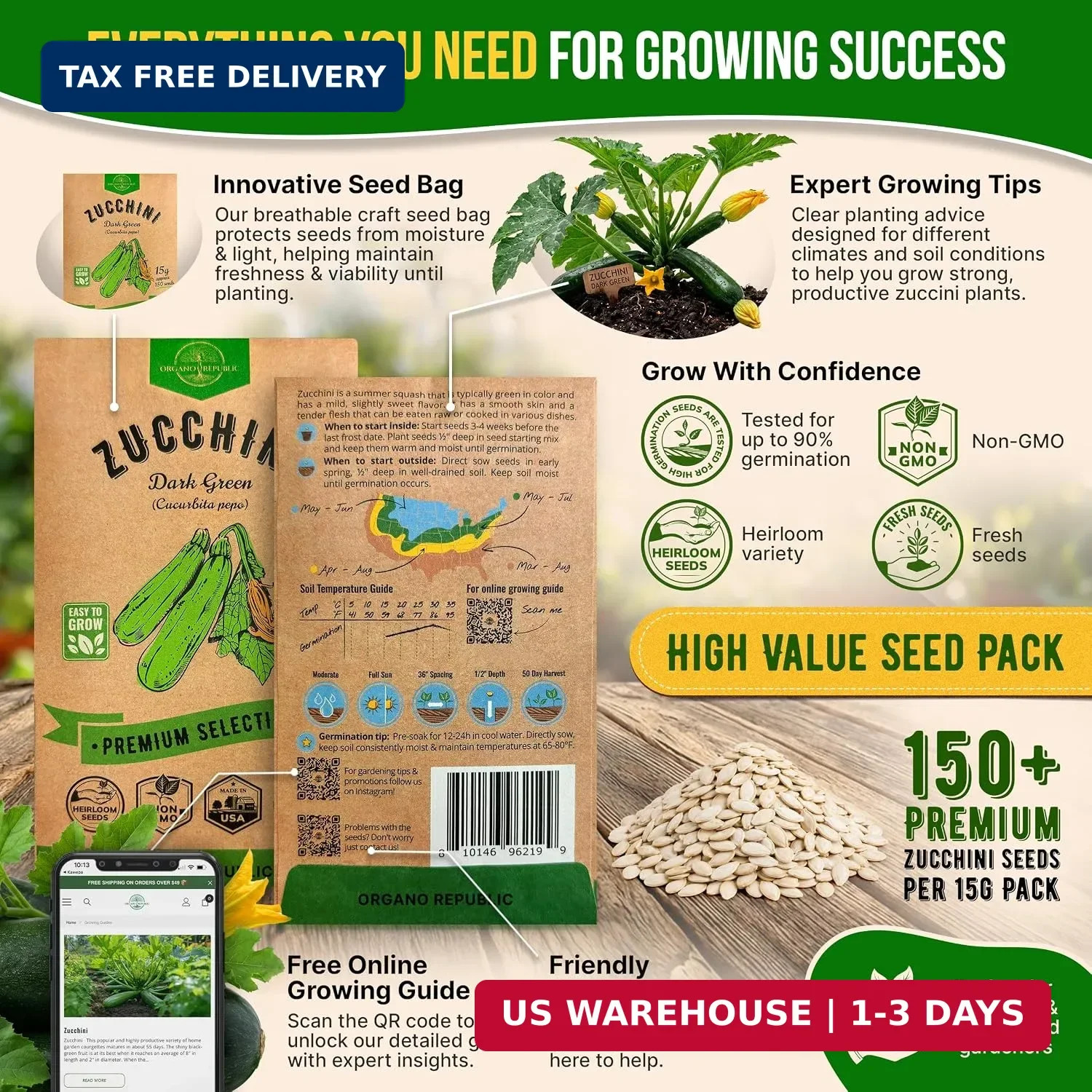 Organo Republic Dark Green Zucchini Seeds Pack 15 G – Over 150 Non-GMO Heirloom