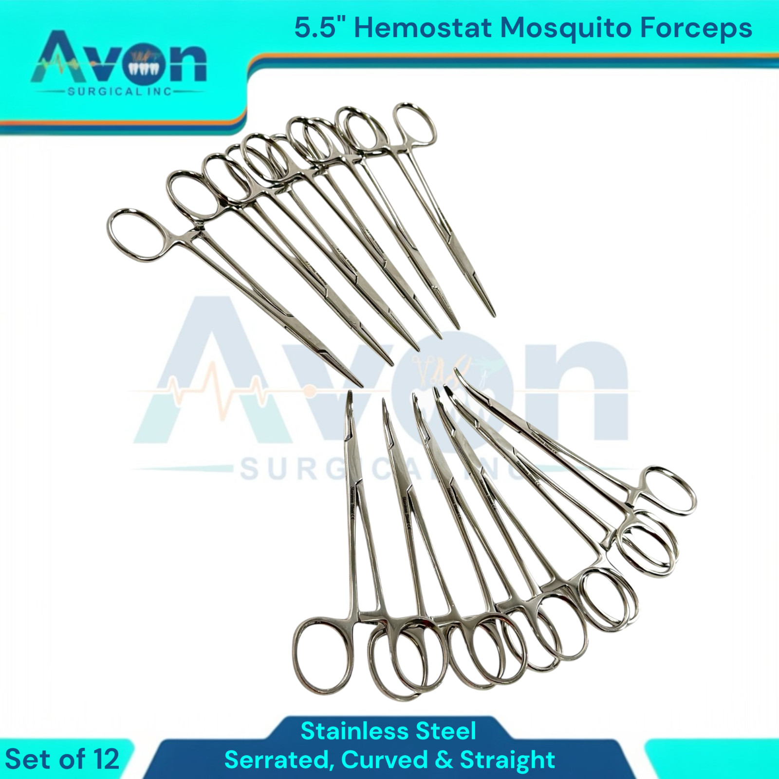 5.5in Hemostat Locking Mosquito Forceps Clamps | Cur+Str, Serrated | 12pc Lot