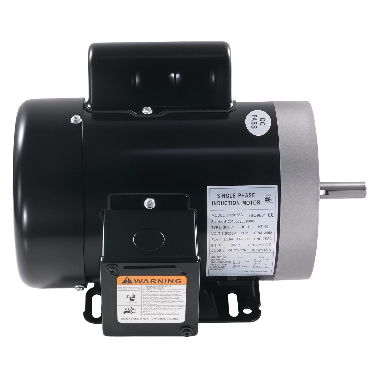 1HP Electric Motor 3450 RPM, AC 115V/230V, 56C Frame, Air Compressor Motor