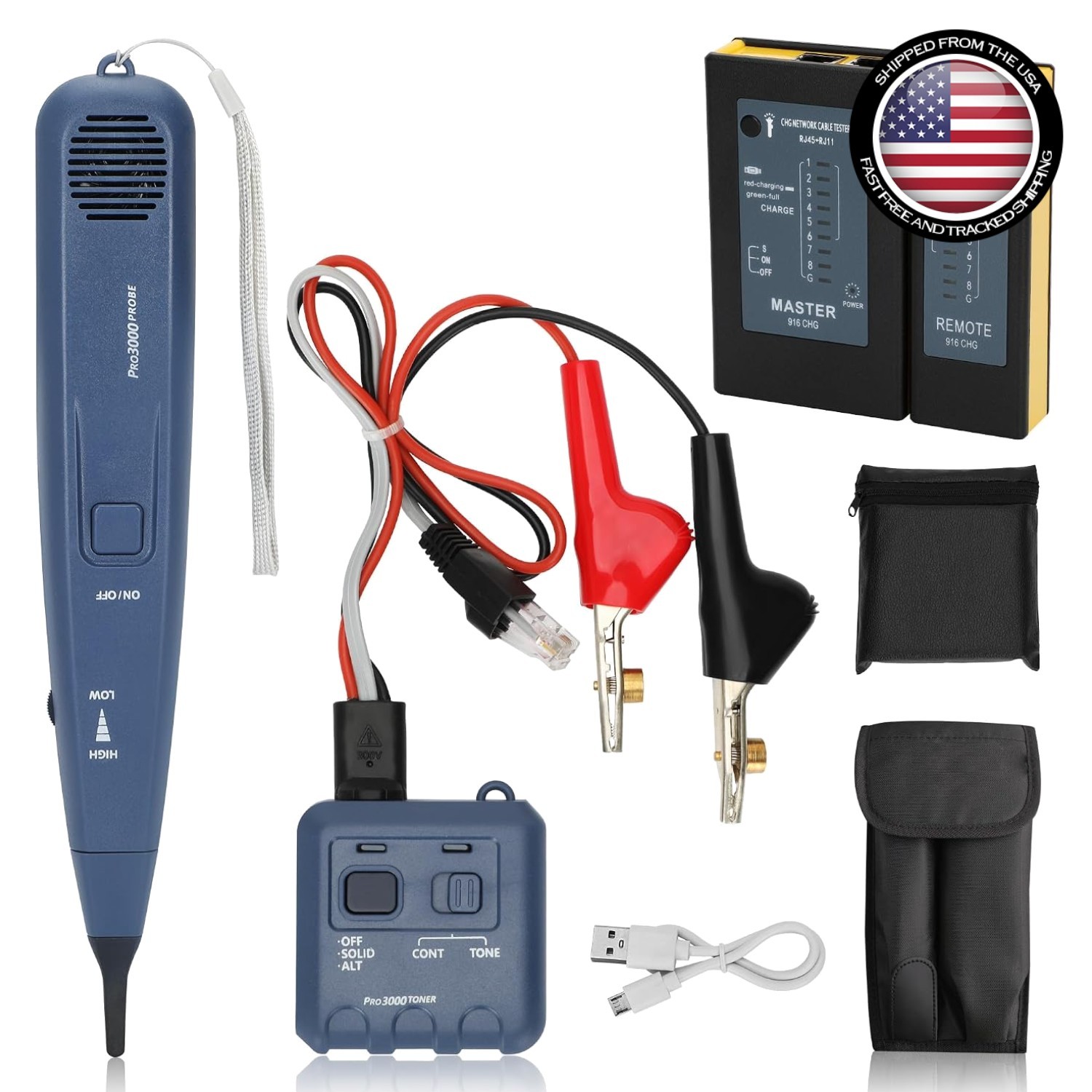 Tone Generator Probe Kit 9 Piece Ethernet Cable RJ45 RJ11 RJ12 Blue