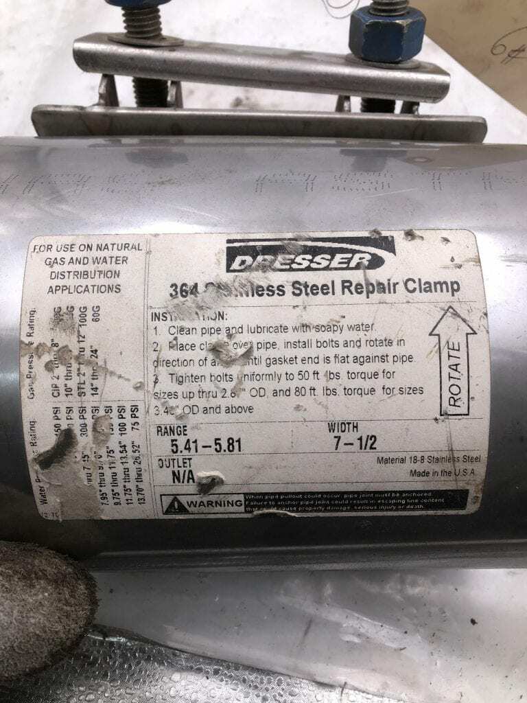 Dresser 364 Stainless Steel 7-1/2″ Repair Clamp 5.41-5.81