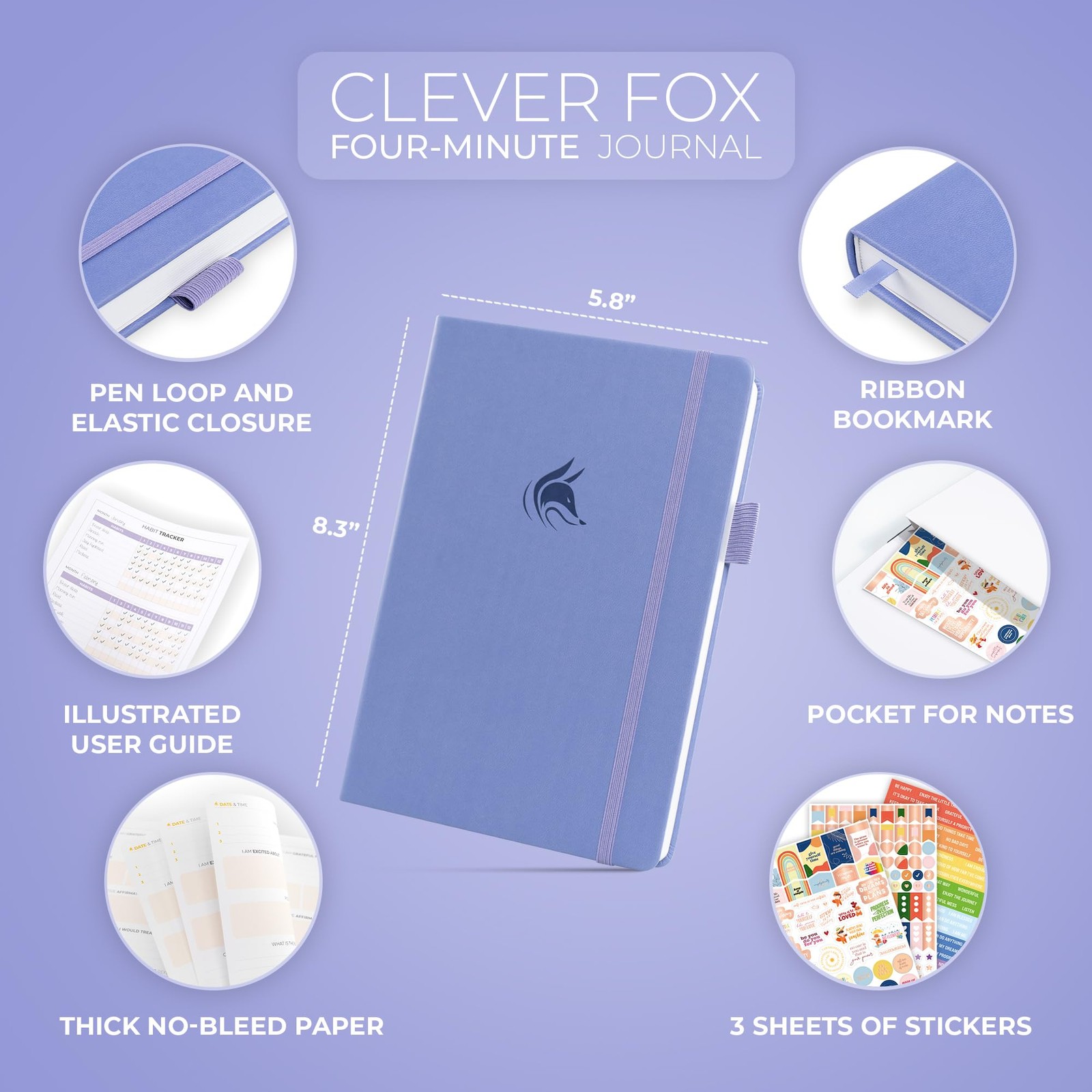 Clever Fox Four-Minute Journal – Daily Positivity A5 (5.8″ x 8.3″), Lavender
