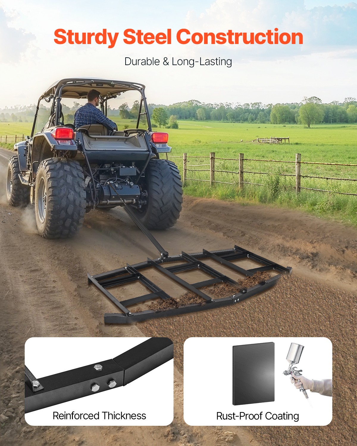 VEVOR Drag Harrow 84″ Width Tow Behind Drag Harrow Steel Gravel Grader ATV UTV