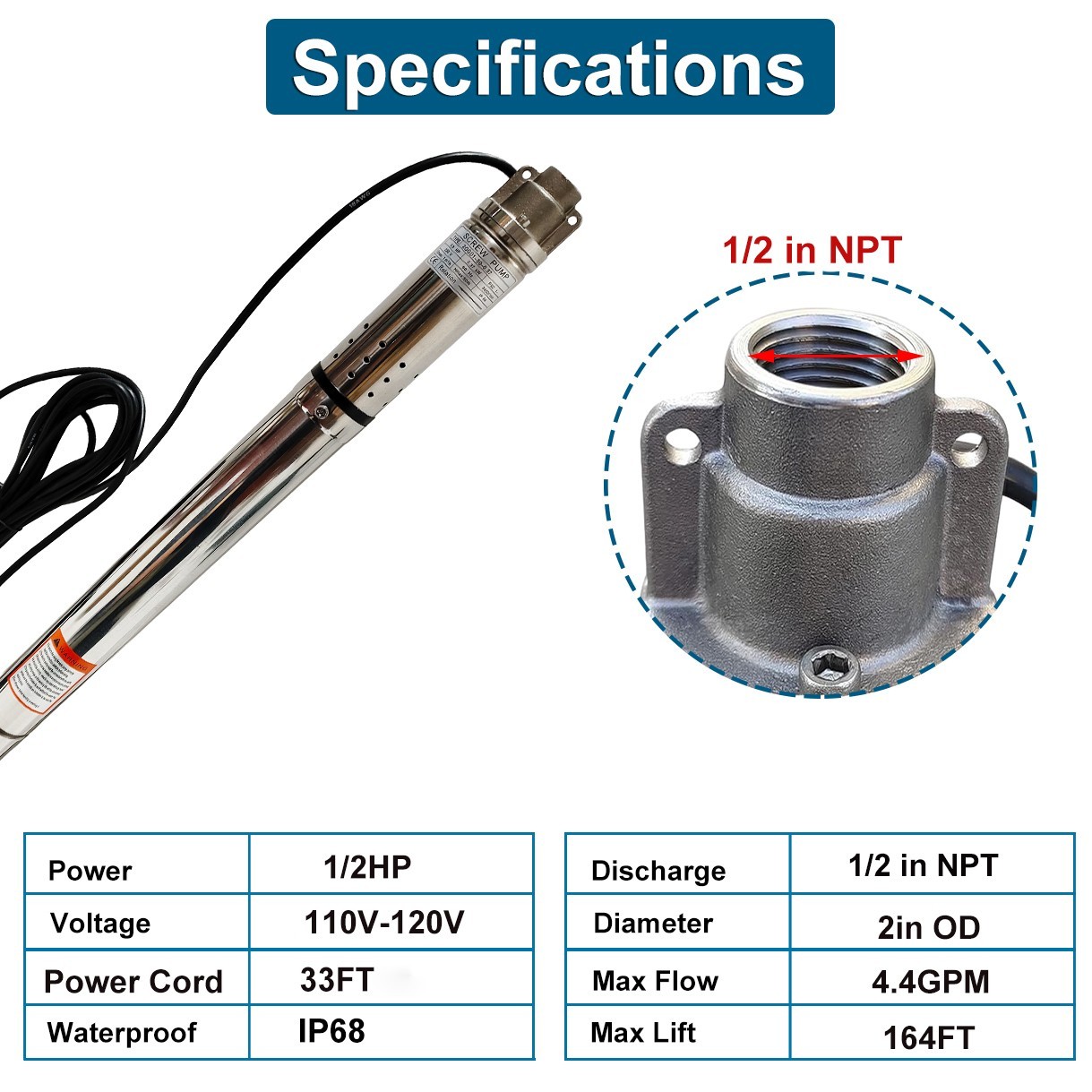 1HP 3″ Deep Well Submersible Pump Screw Pump 380FT Hmax 10GPM 110V w/Control box