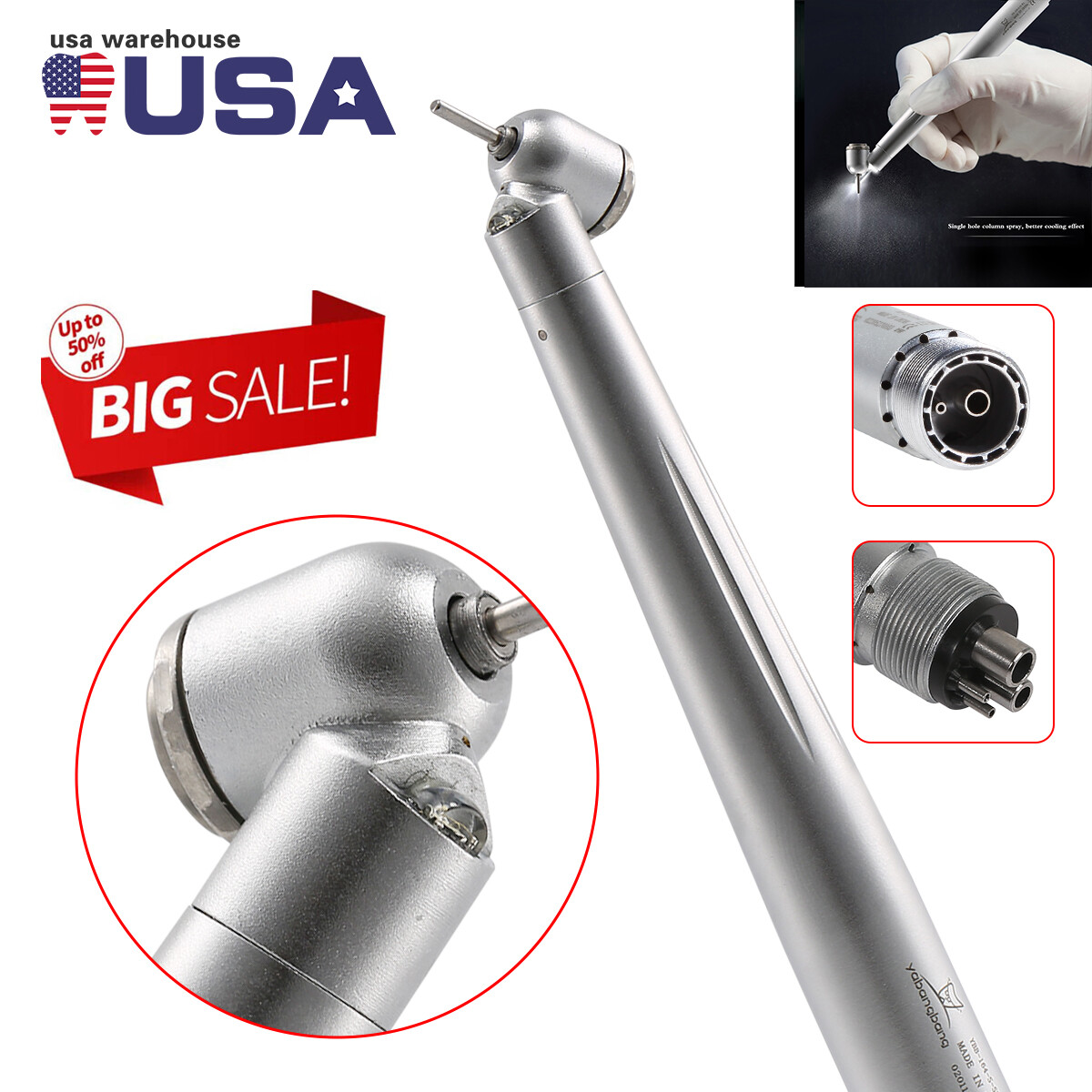 LED Dental Surgical Handpiece 45° Angle 4 Hole Midwest Rear Exhaust Impact Air