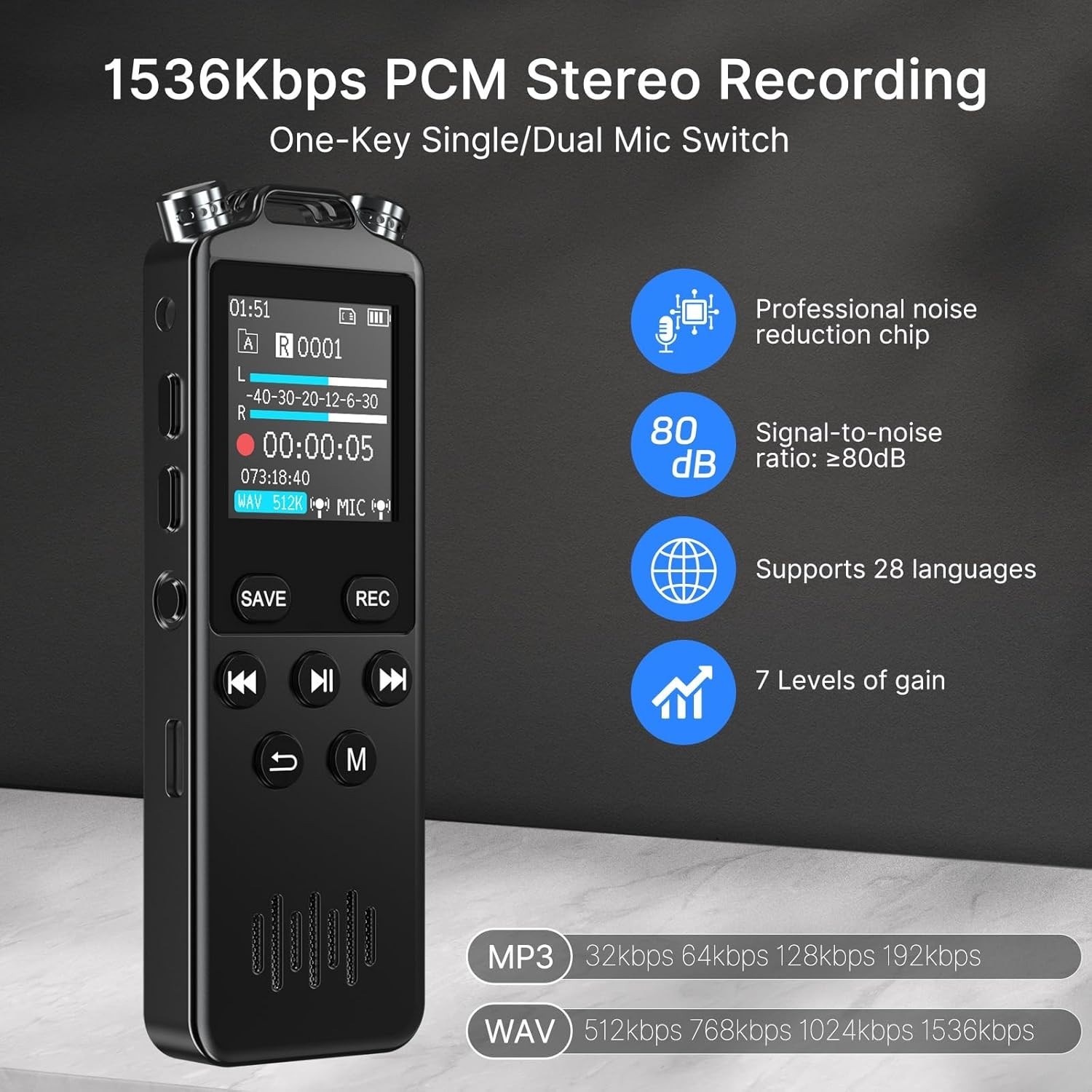 160GB Digital Voice Recorder with Playback,1536Kbps HD Stereo Audio Recorder