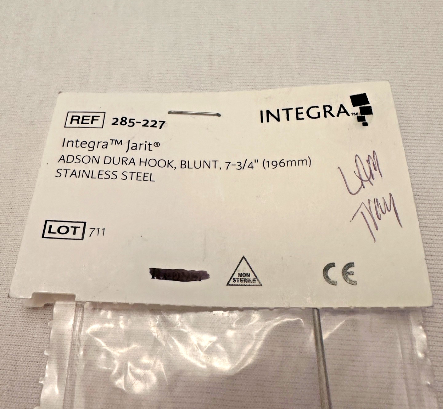 Integra Jarit 285-227 Adson Dura Hook , Blunt 196mm NEW