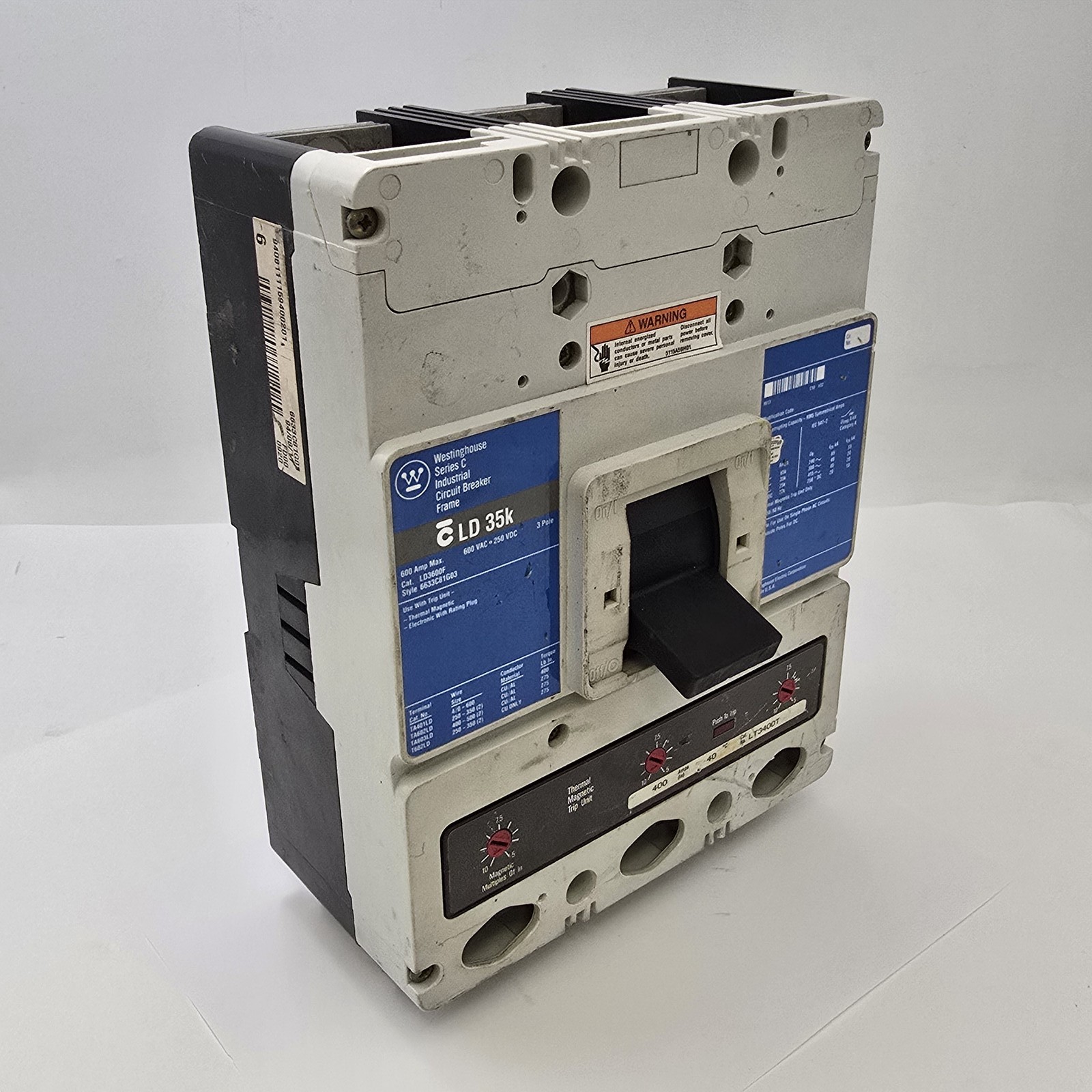 Westinghouse LD3600F Bolt On Circuit Breaker 400A 600VAC 250VDC 3P LT3400T