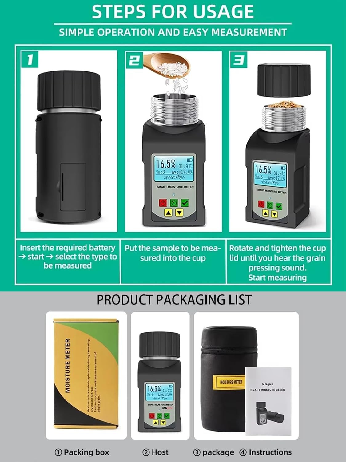 GOYOJO Grain Moisture Tester Portable Cup-Type Meter for 25 Grains Data Storage