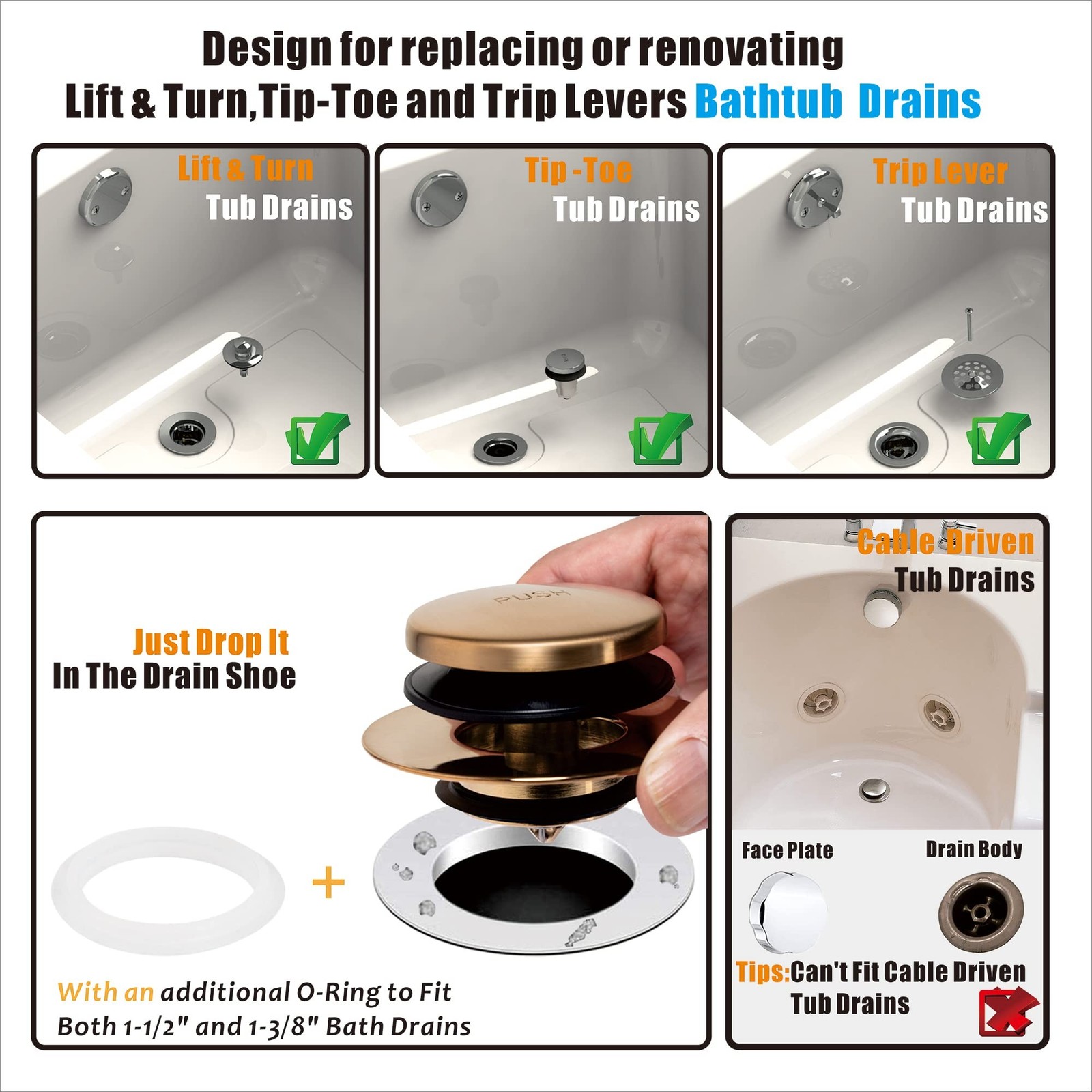 Champagne Bronze Universal Tub Drain Tip Toe Tub Conversion Kit Assembly, Art…