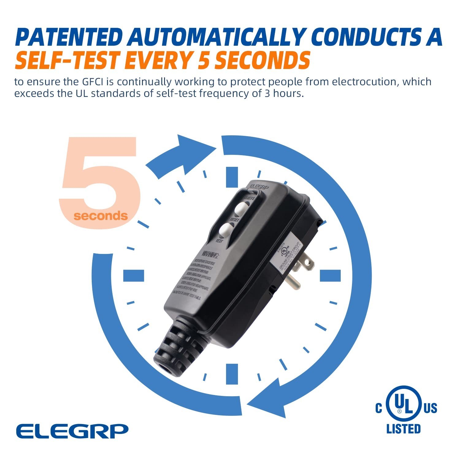 Auto-Monitoring GFCI Replacement Plug Assembly, 15 Amp, 3-Prong, UL Listed, Blac