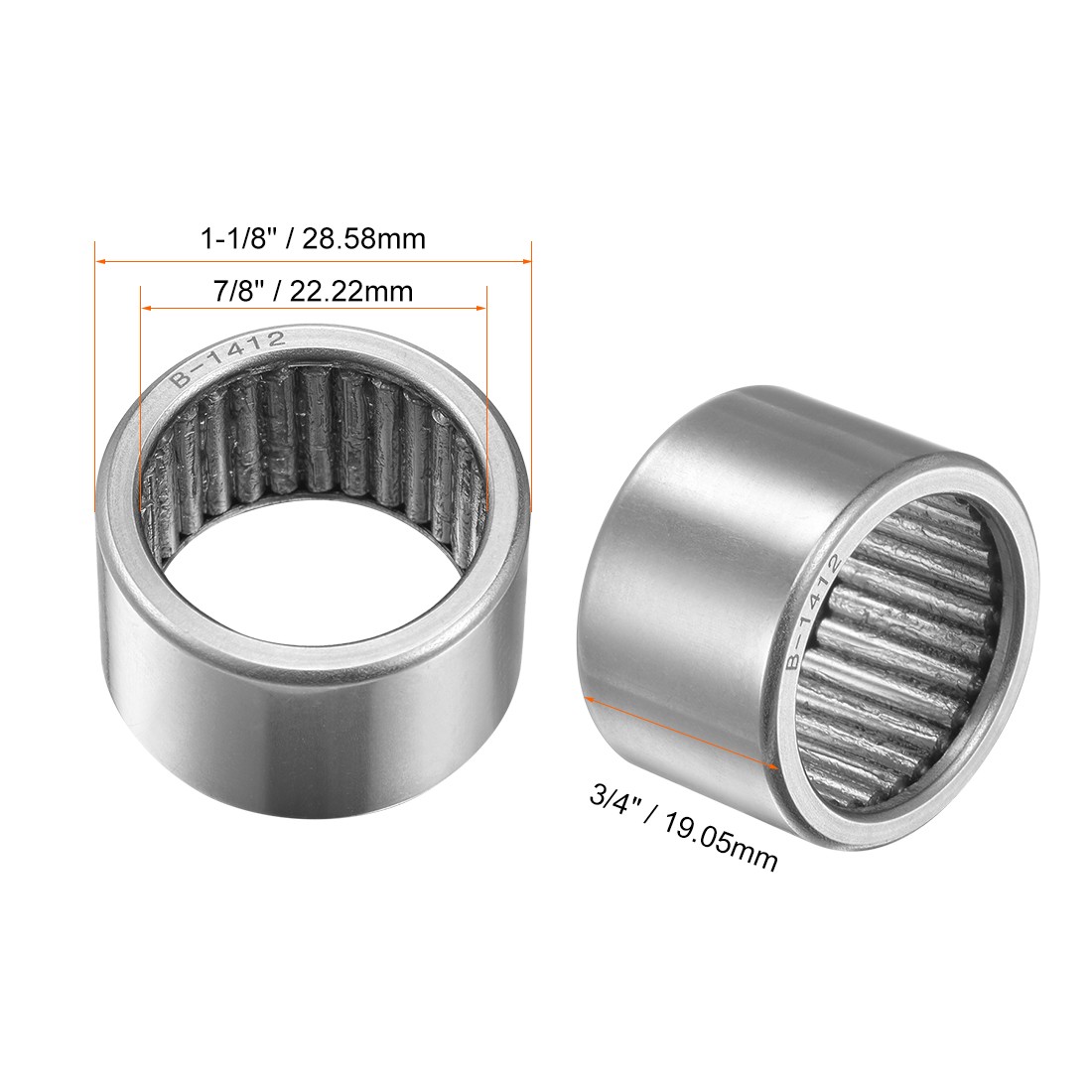 2x B1412 Needle Roller Bearings 7/8″ x 1-1/8″ x 3/4″ Full Complement Drawn Cup