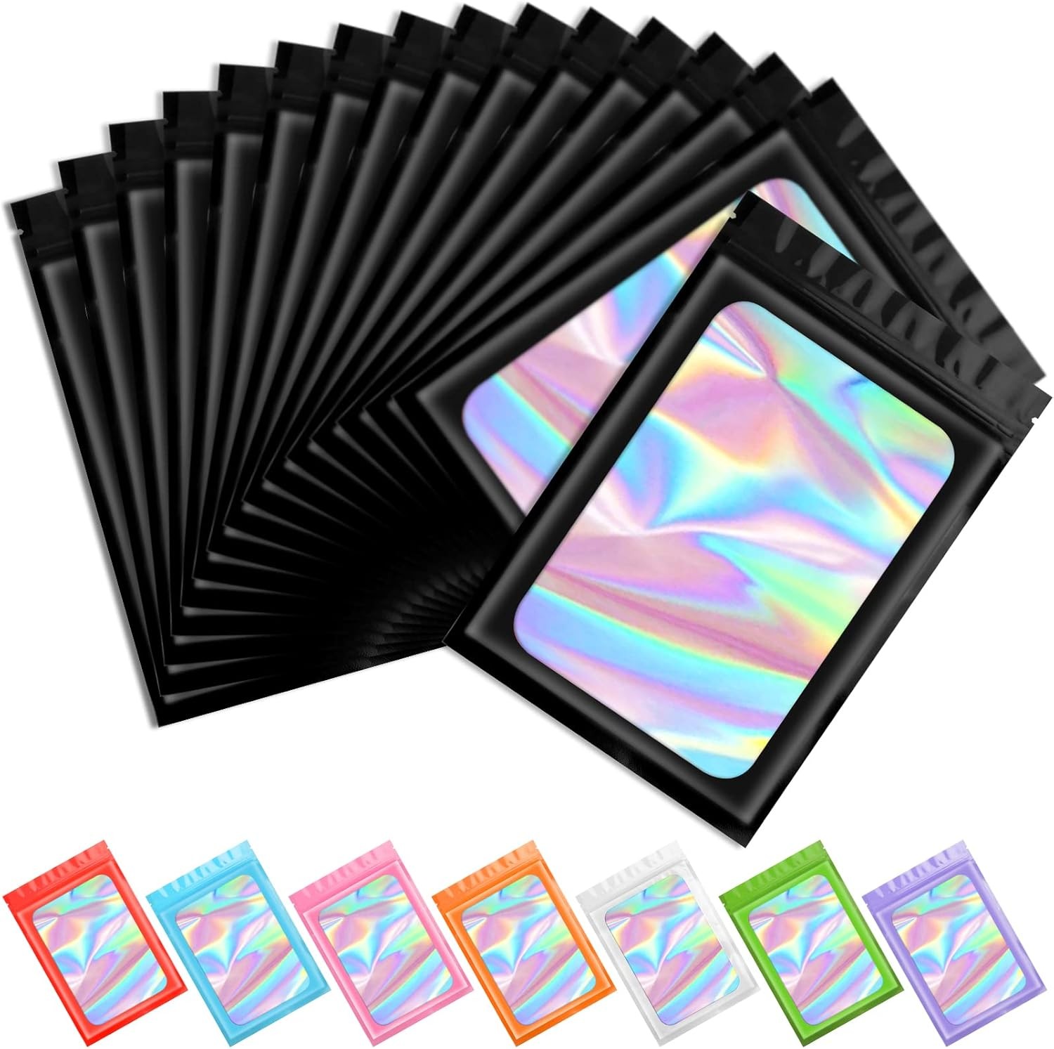Funfery 100 pcs Black Mylar Holographic Resealable Bags,Clear Packaging Bag Odor