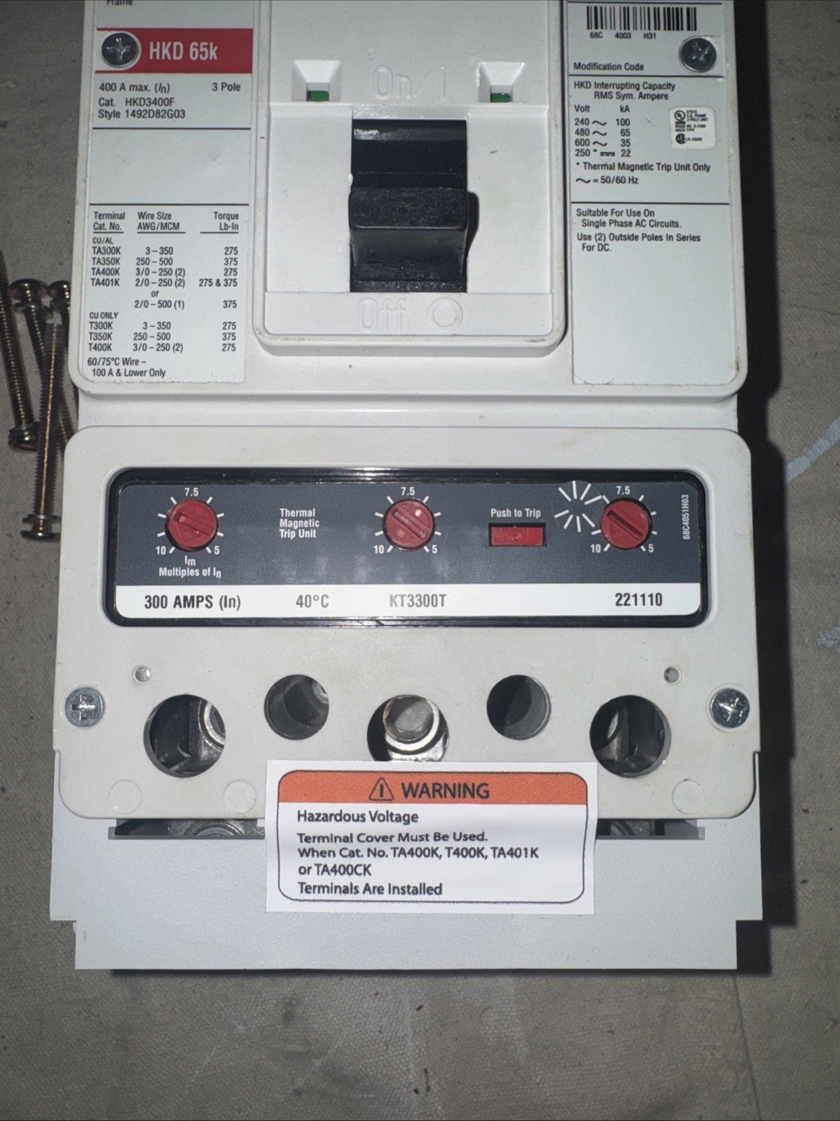 Eaton HKD3400F 400amp 600v 3phase Circuit Breaker
