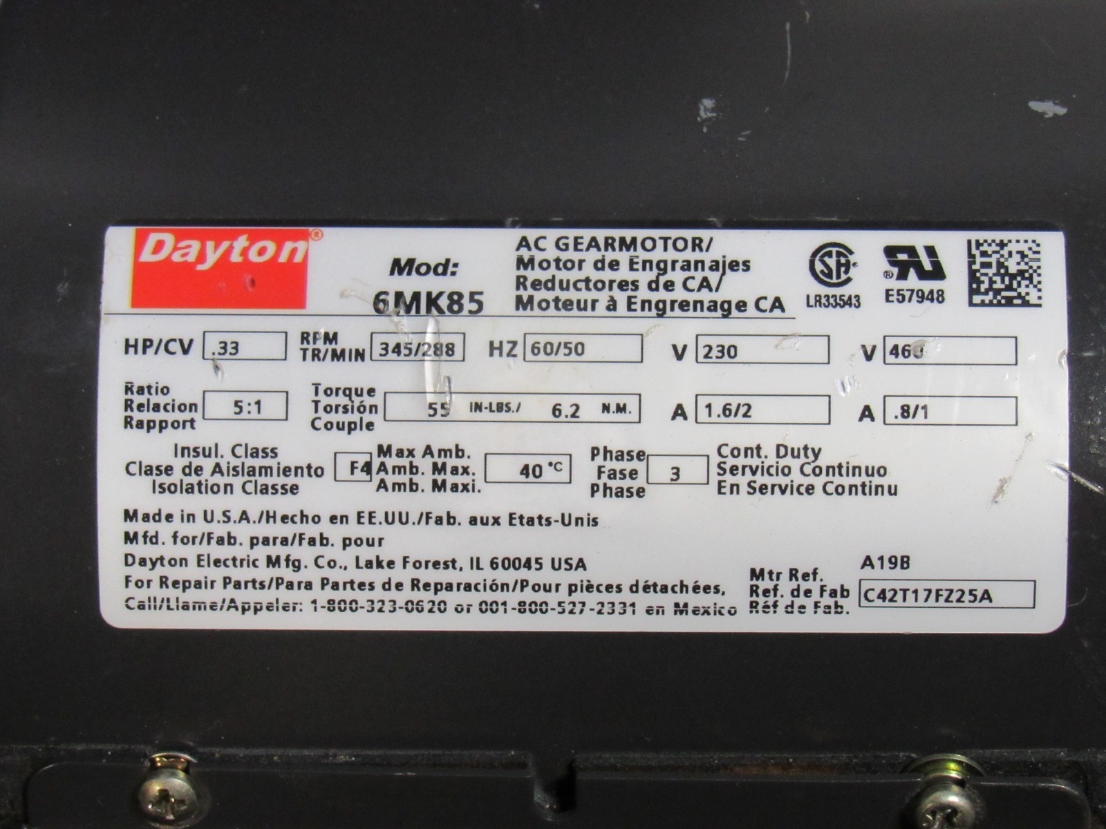 #4 Dayton 4M262J Condenser Fan Motor 1/3 Hp 208-230V 1Ph 825Rpm 48YZ Frame